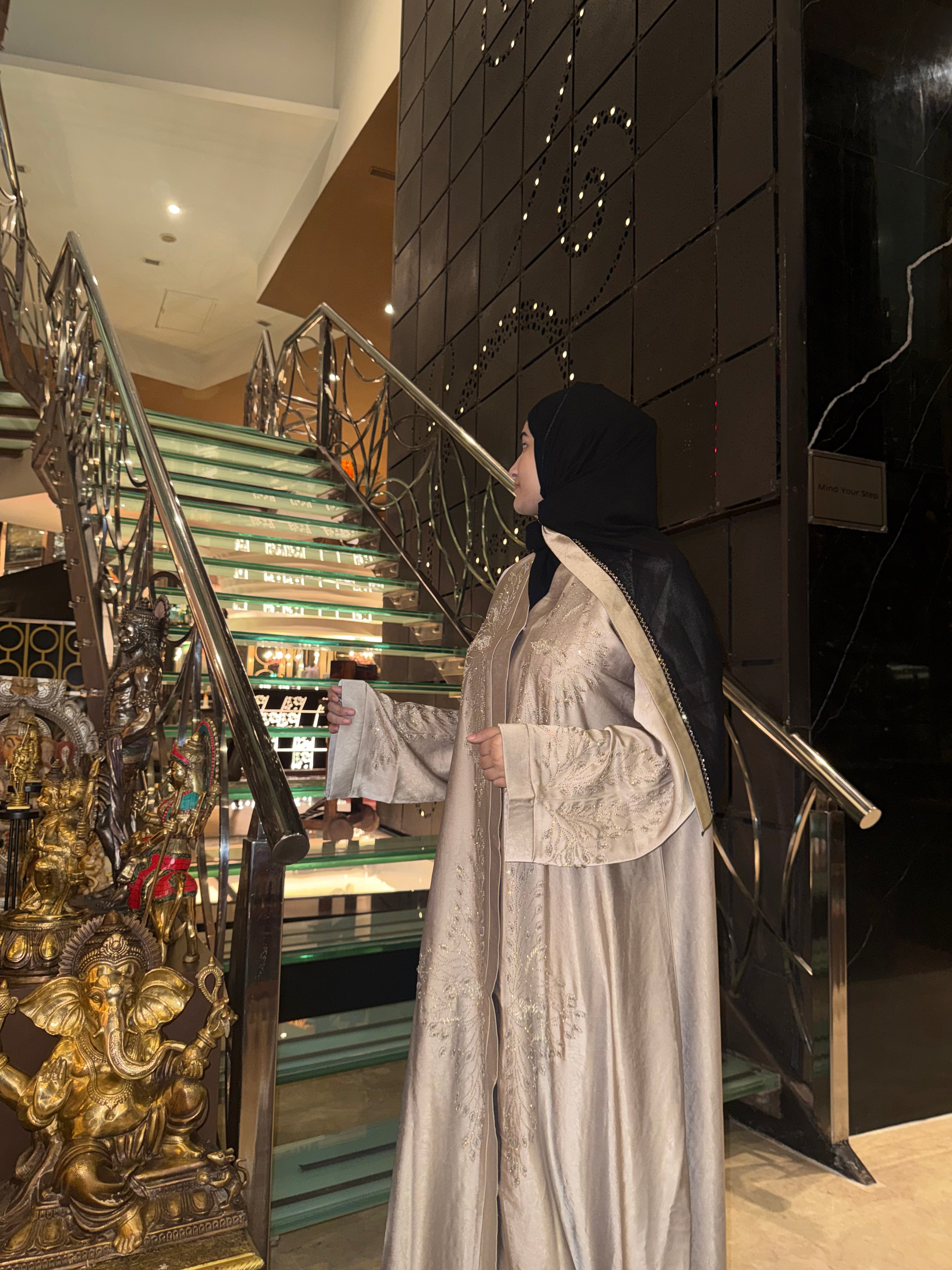 Luxe beige Rhinestone Abaya - (With hijab)