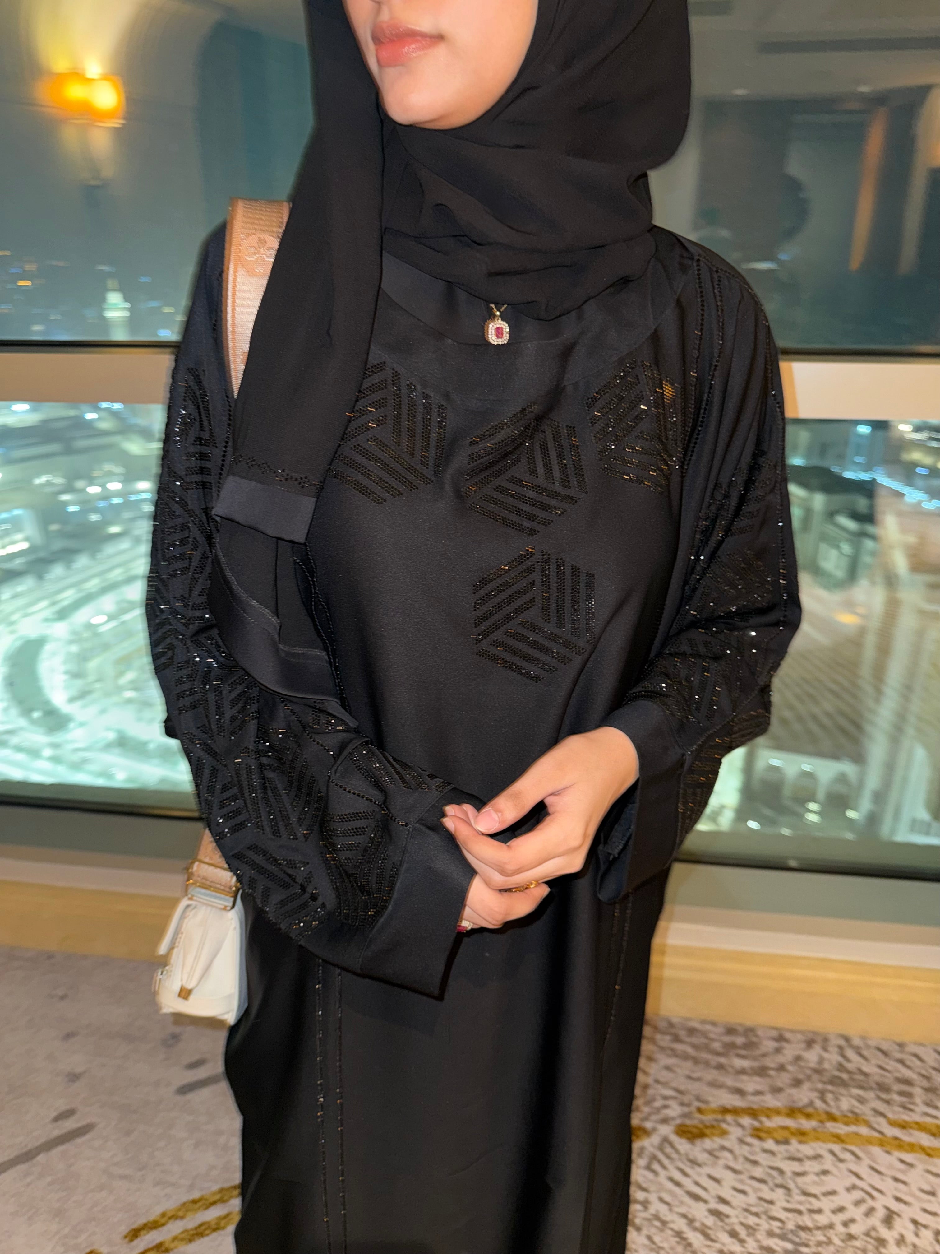 Jet Black kaftan stonework abaya (with Hijab)