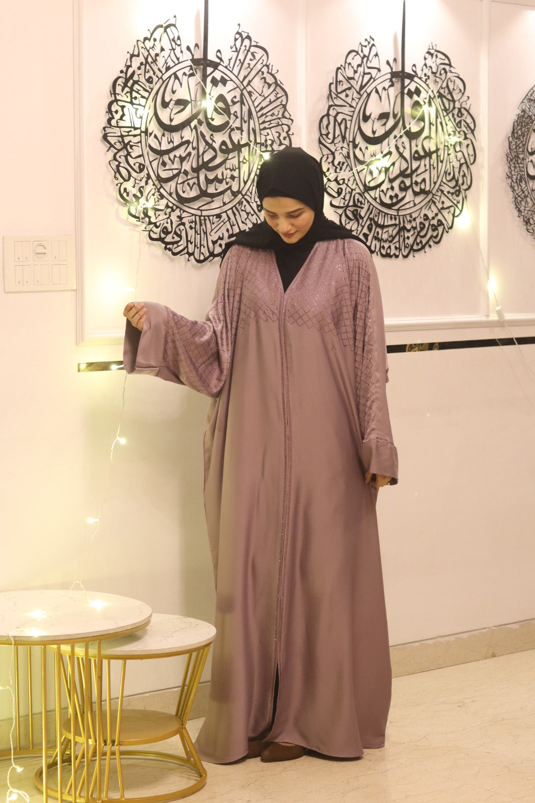 Mauve stonework abaya with hijab