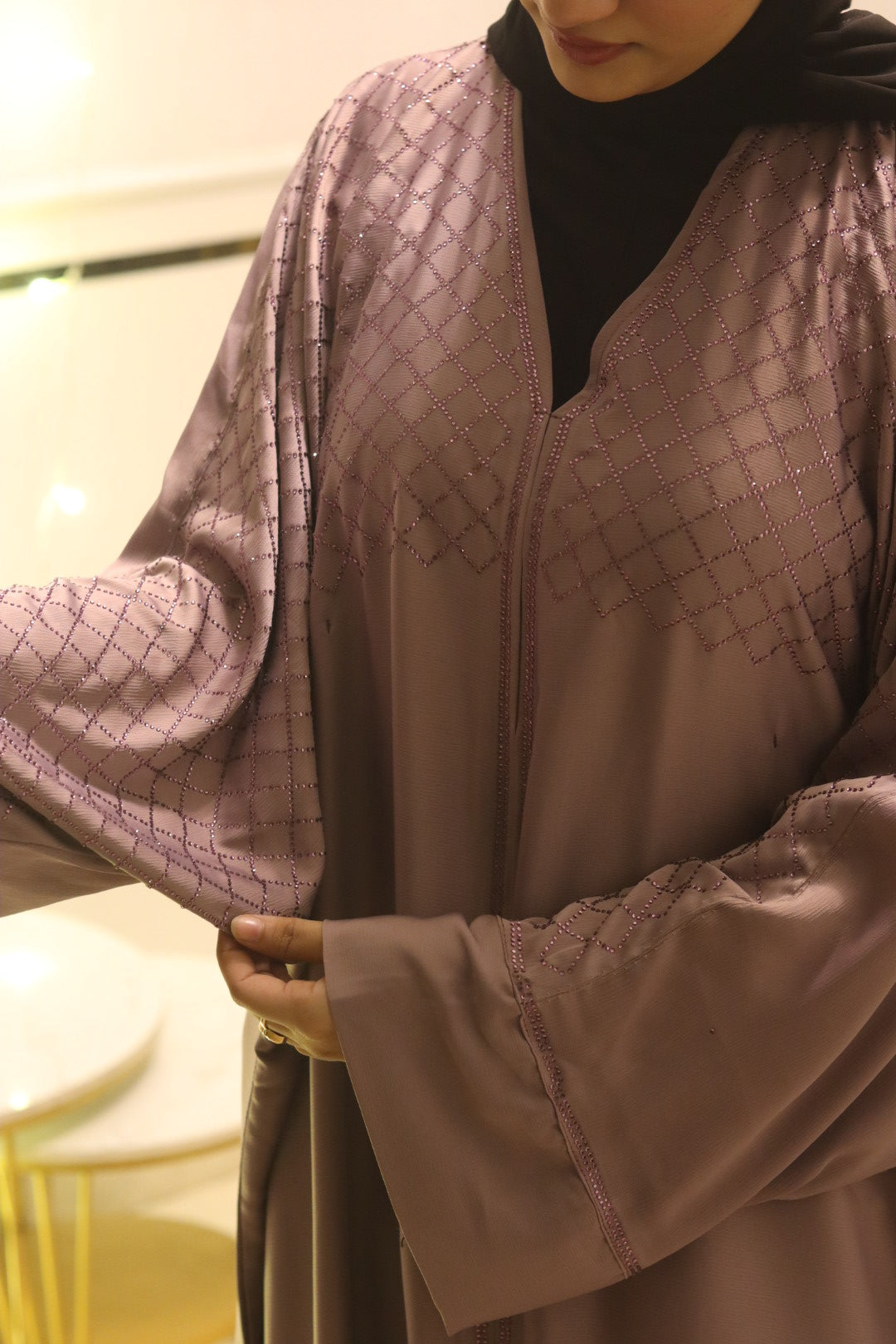 Mauve stonework abaya with hijab