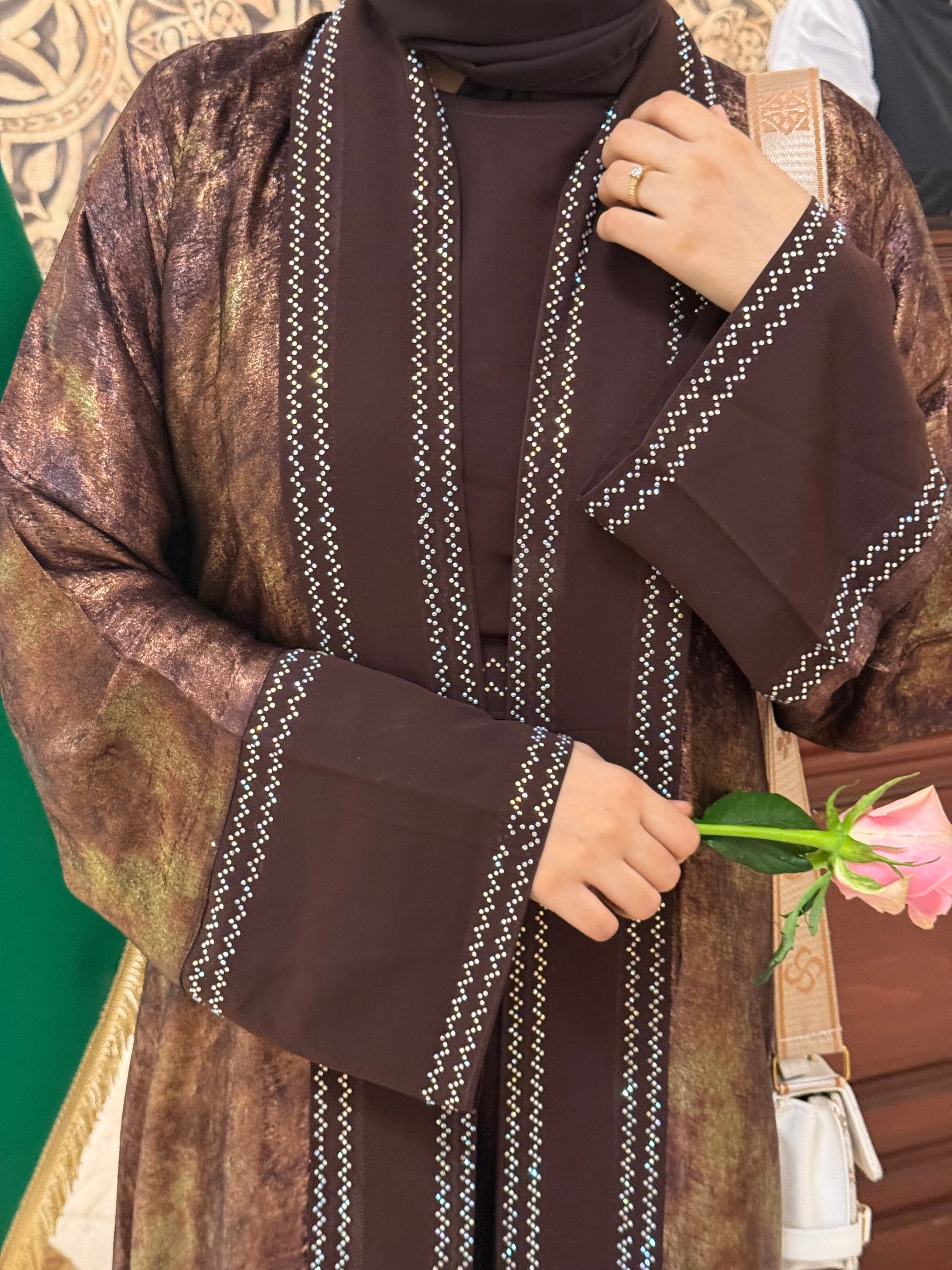 Shimmery Coco Abaya Premium Full Set -brown (with Inner Slit & Hijab)