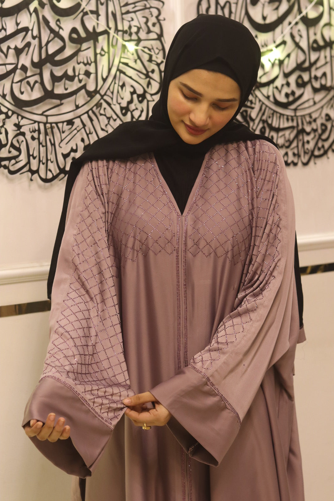 Mauve stonework abaya with hijab