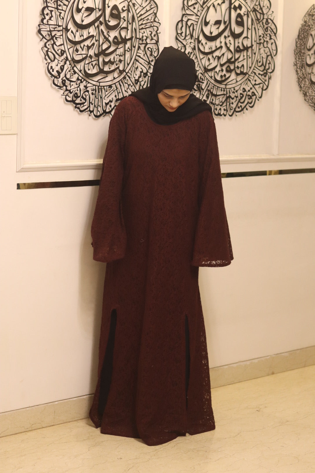 Maroon cutwork abaya with inner slit & hijab