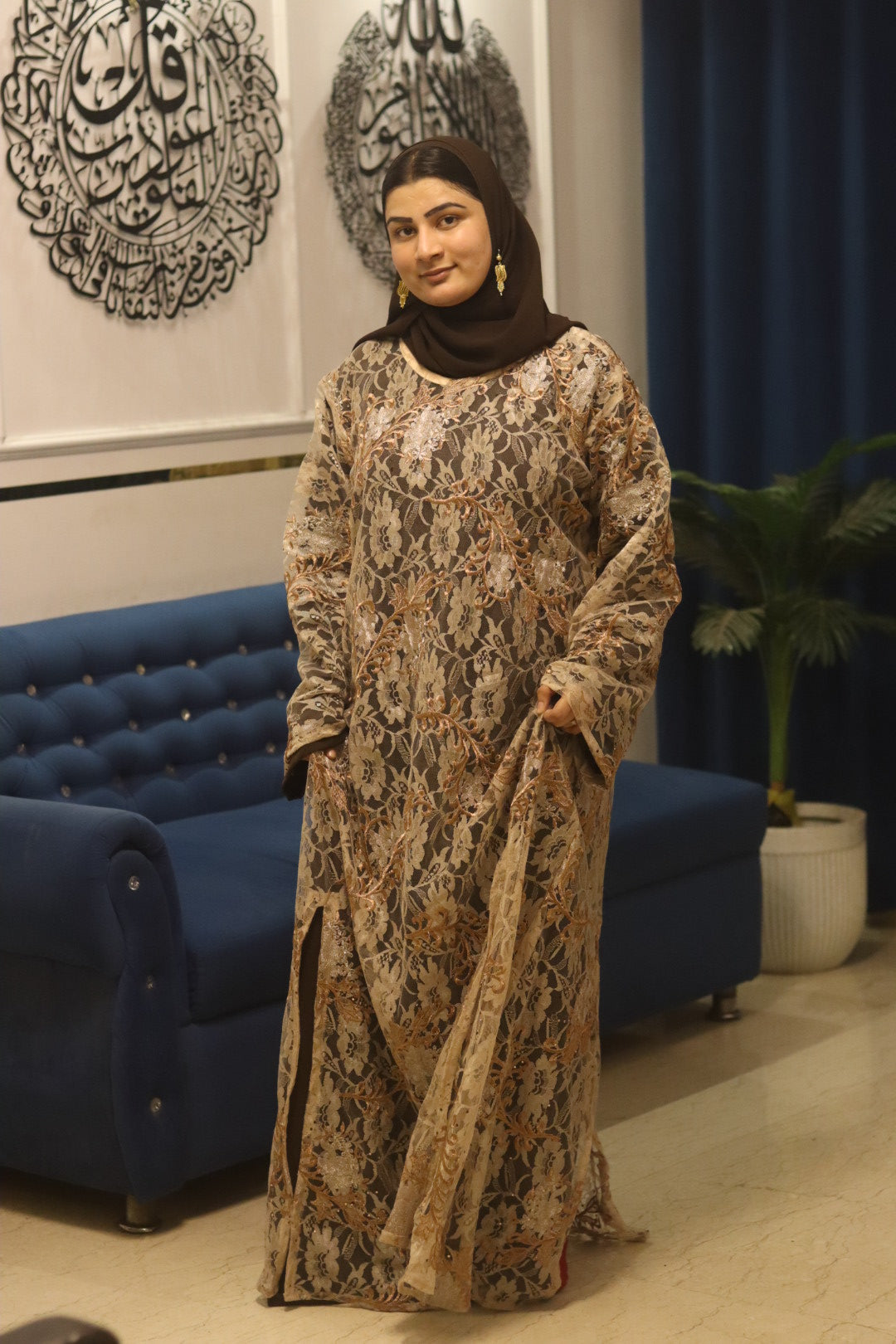Net noir abaya- beige (with inner slit & hijab)