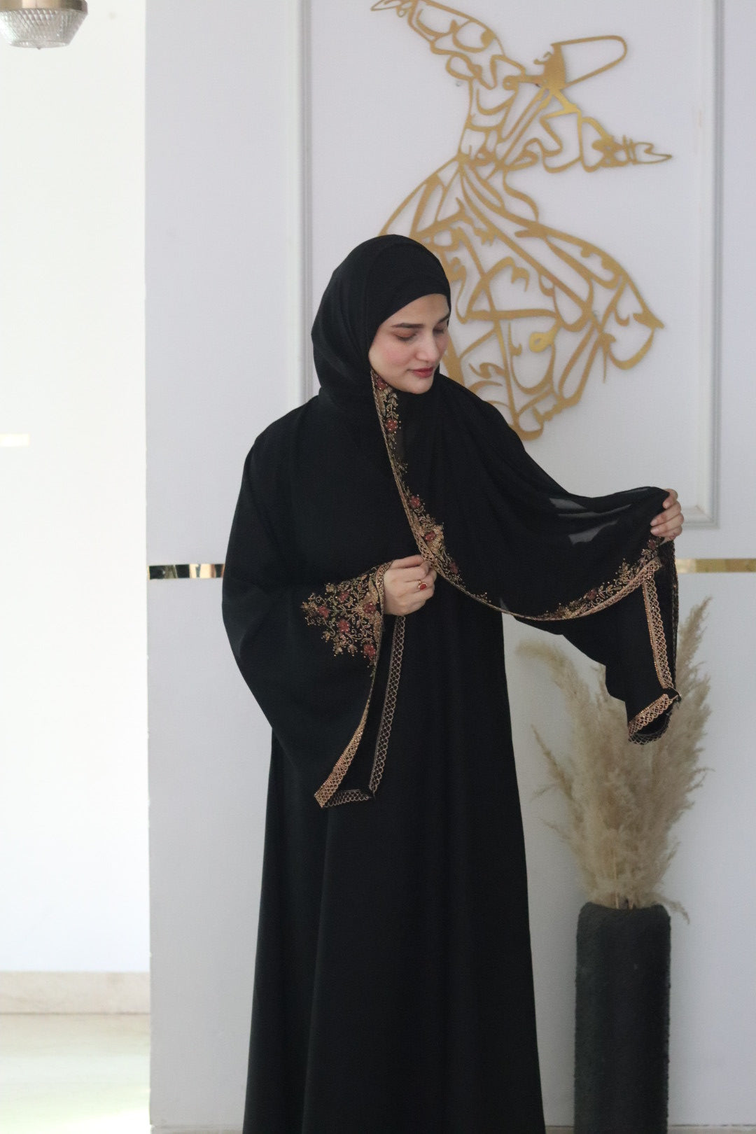 kesariya Black handwork Abaya (with hijab)