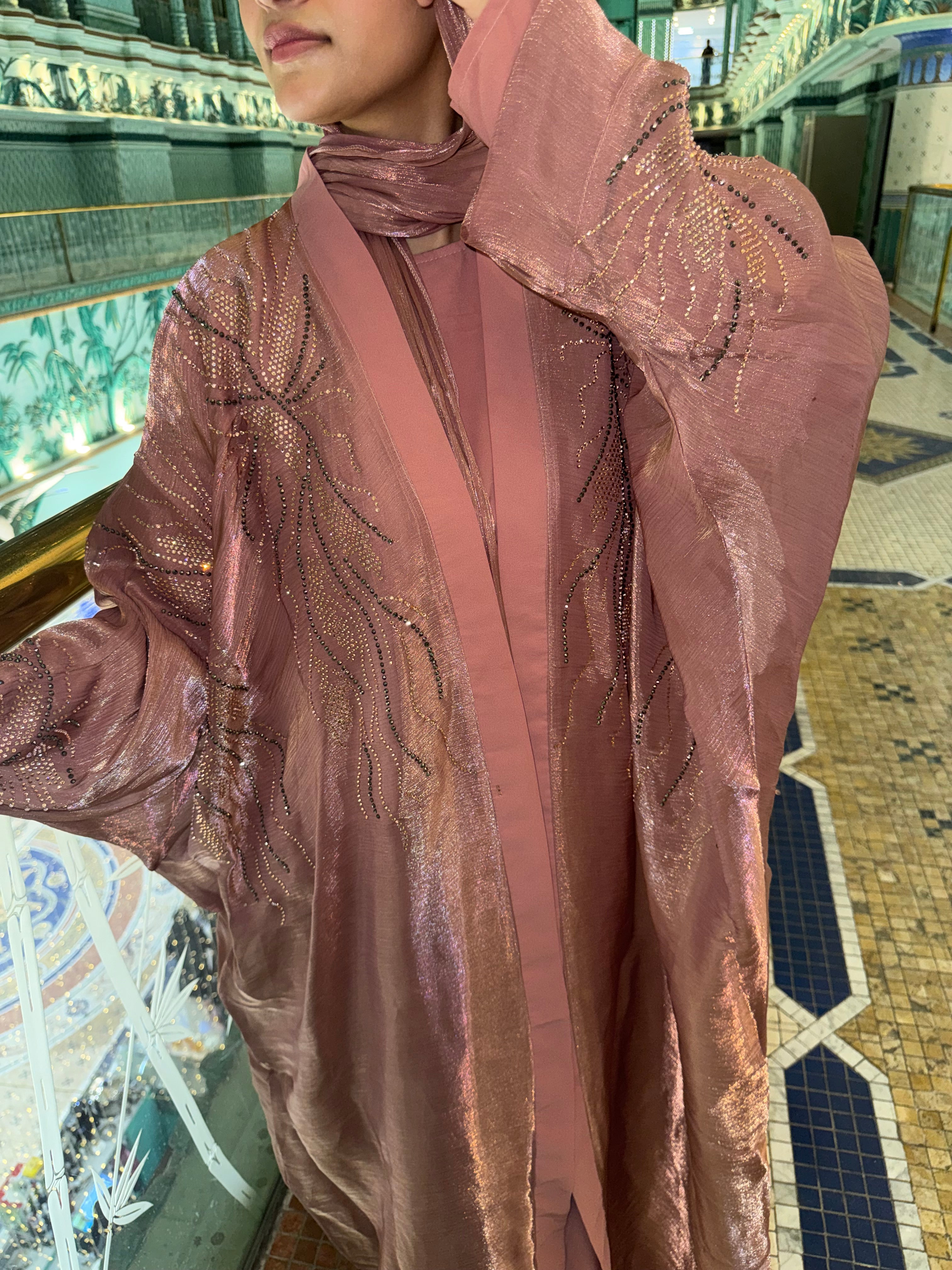 Shimmer handwork Abaya Premium Full Set -(with Full Sleeves Inner Slit & Hijab)