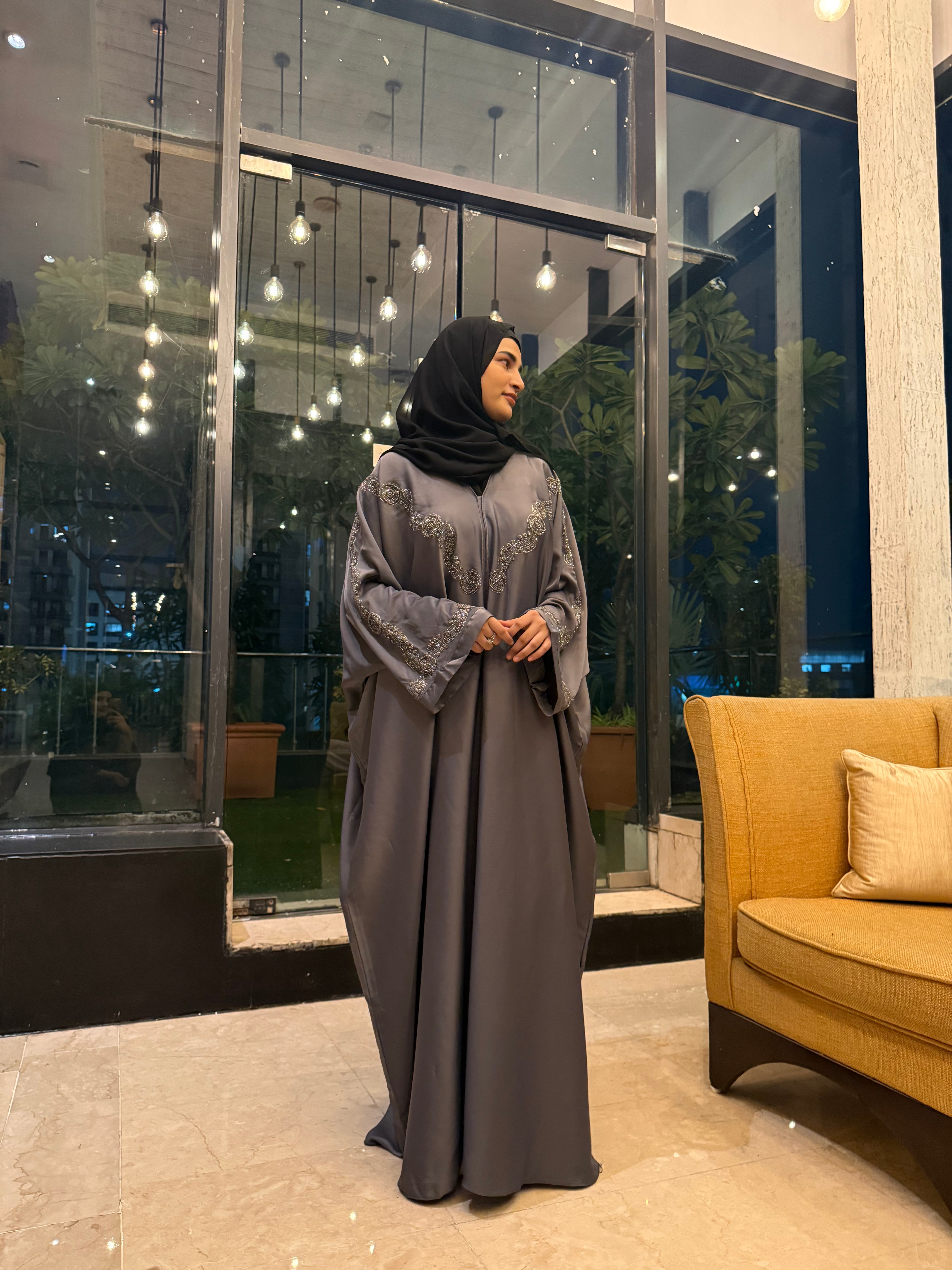 Aliza Handwork abaya -grey (with Hijab)