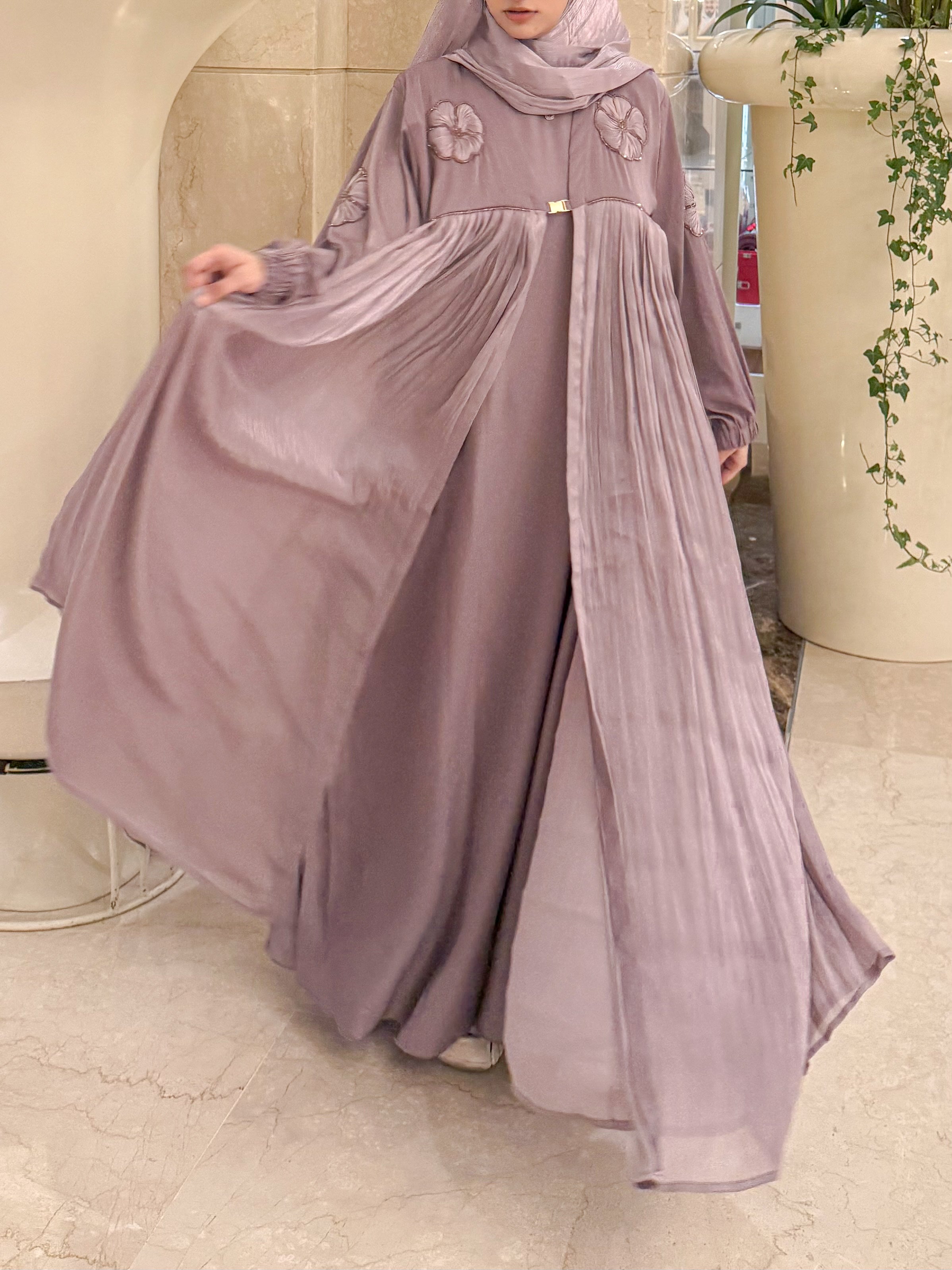 Elsa Abaya 2.0 Premium Full Set -Faded Purple (with Full Sleeves Inner Slit & Hijab)