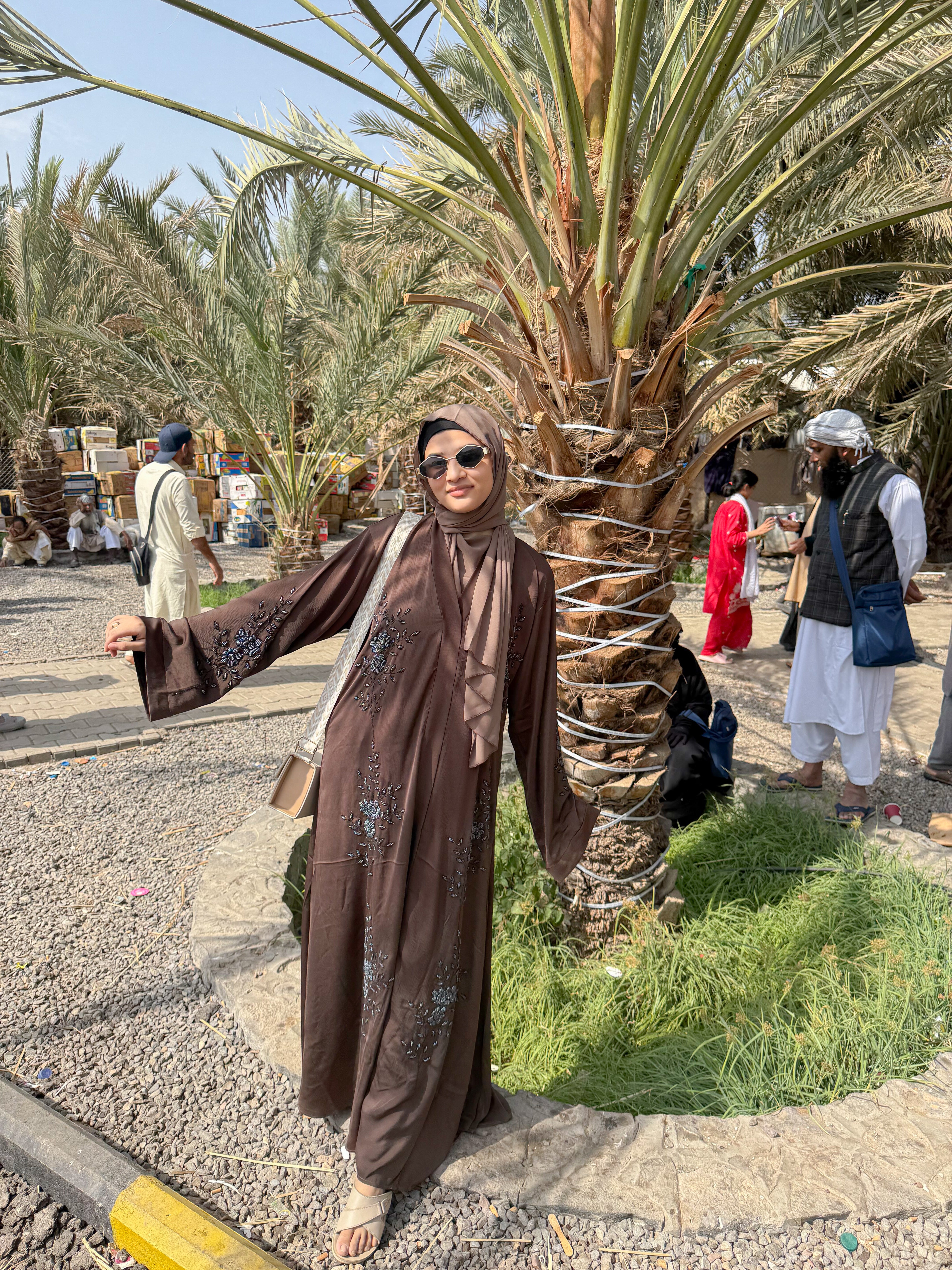 Diyah Diamond Handwork Abaya- brown (with hijab)