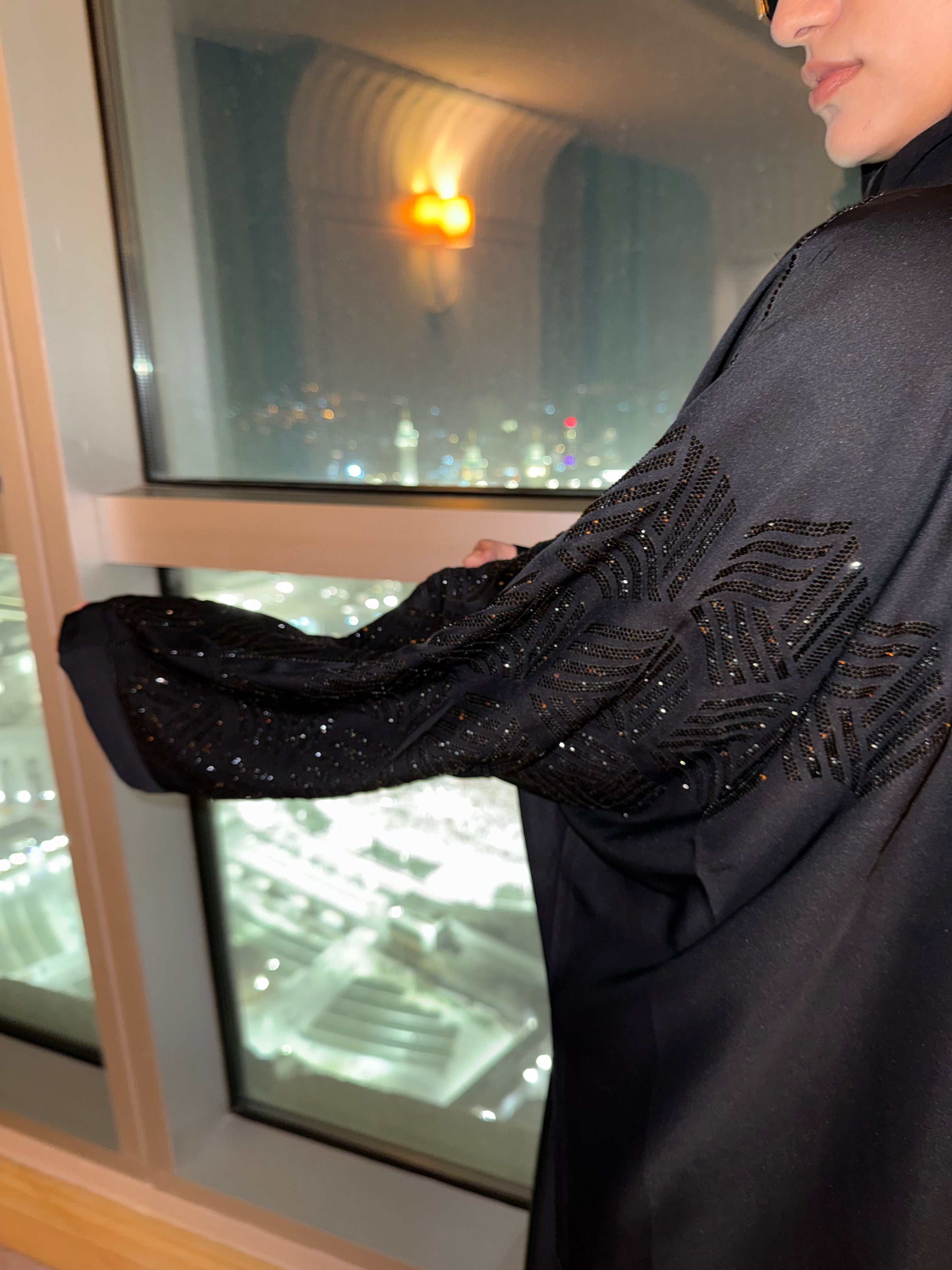Jet Black kaftan stonework abaya (with Hijab)