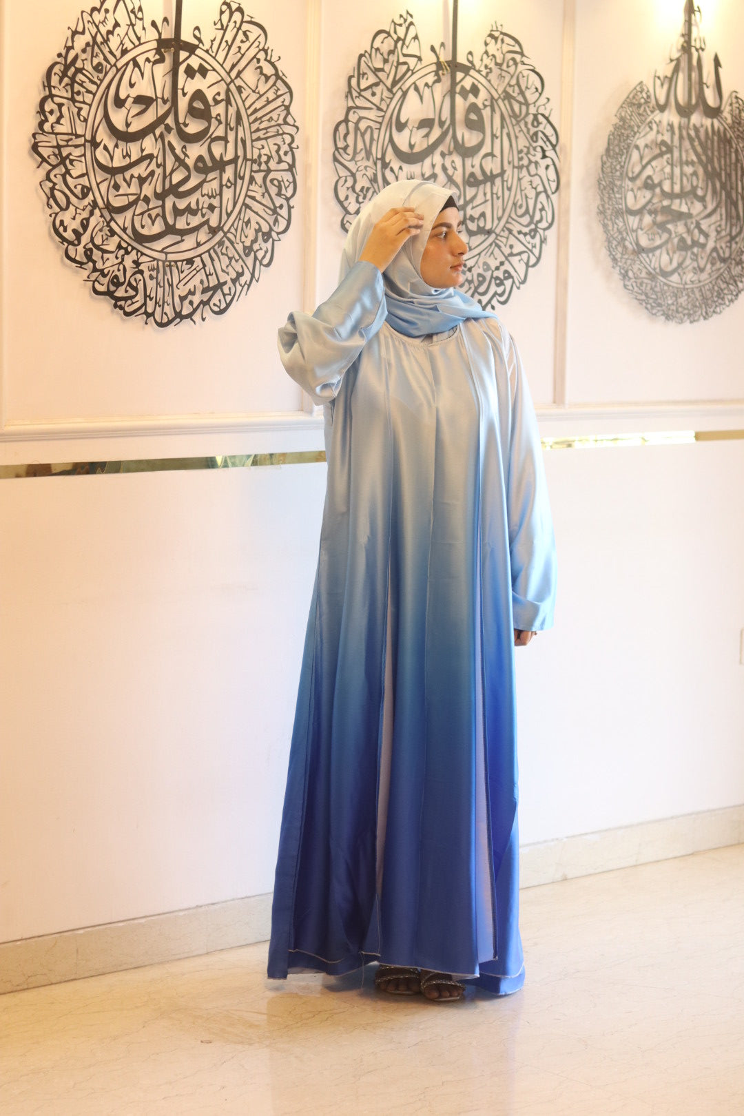 Blue ombre abaya with matching hijab (with attached Inner Slit & Hijab)