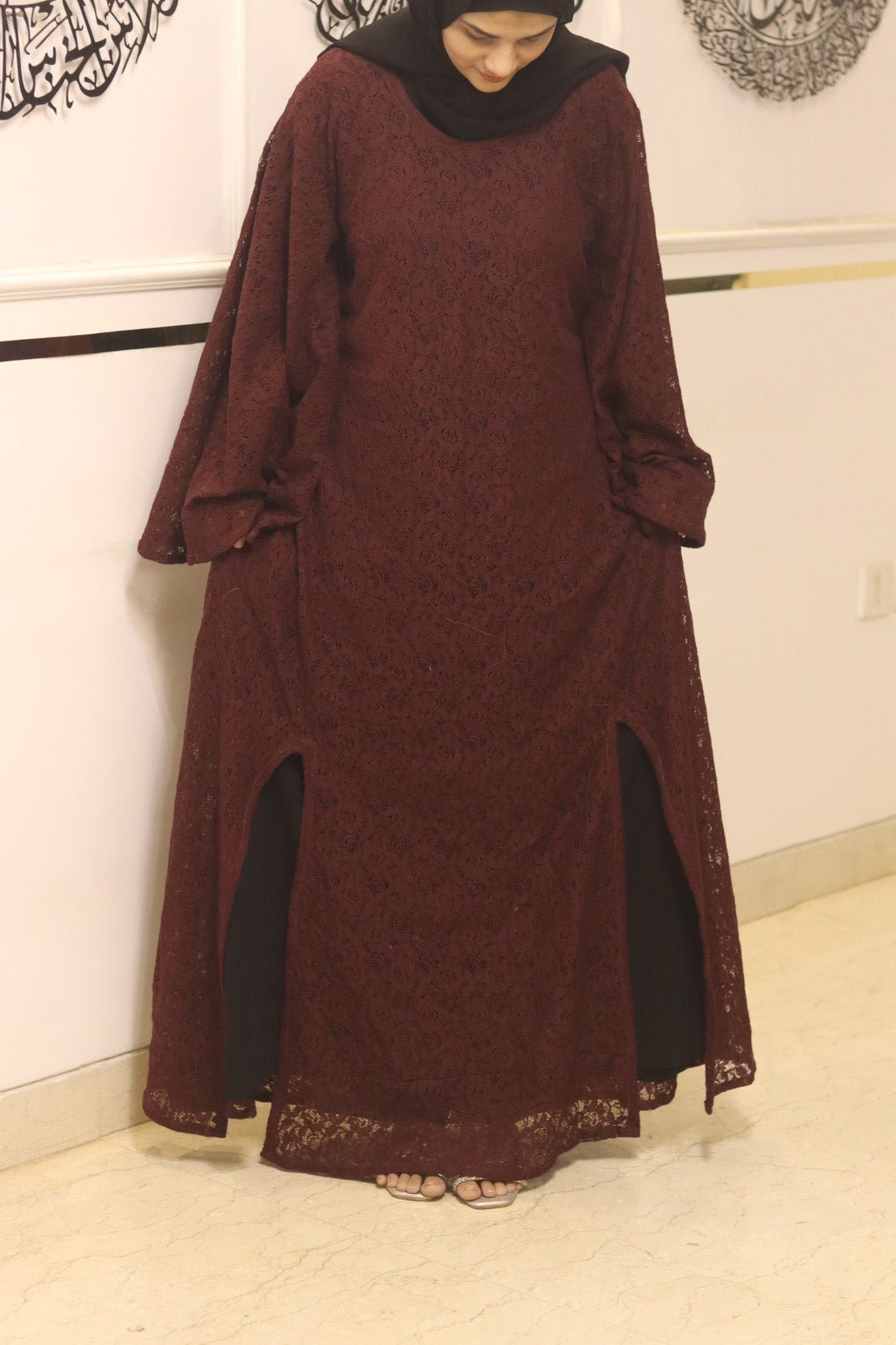 Maroon cutwork abaya with inner slit & hijab