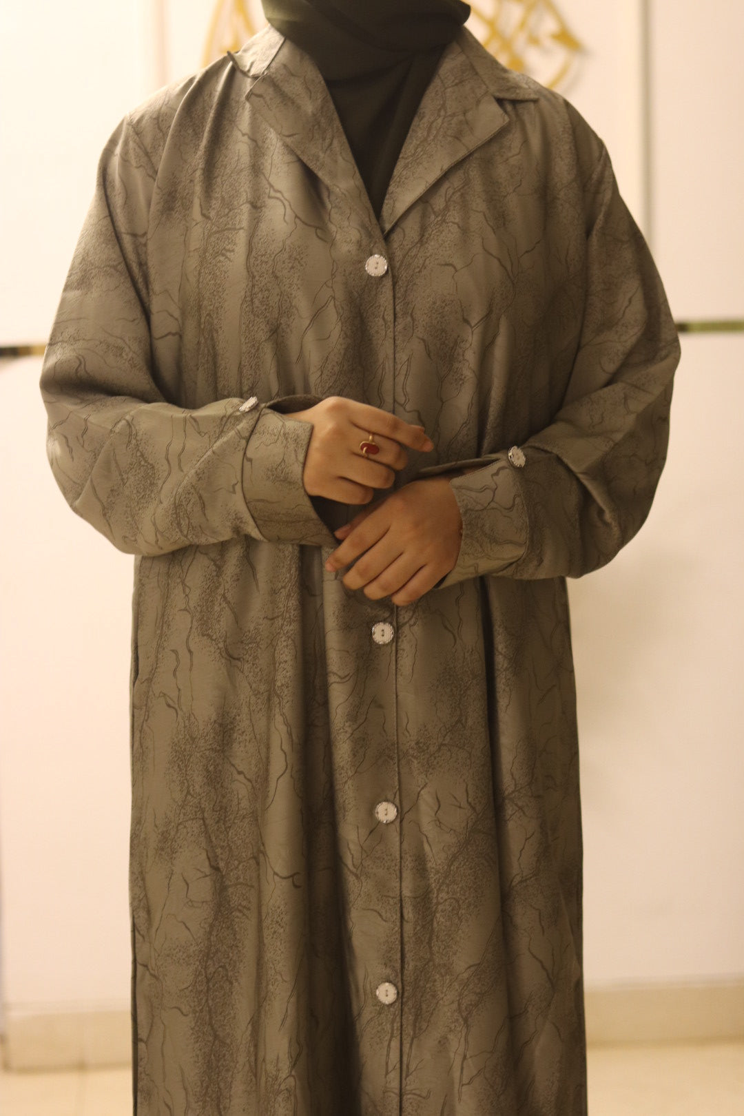 Printed Olive Coat Abaya -olive green (hijab included)