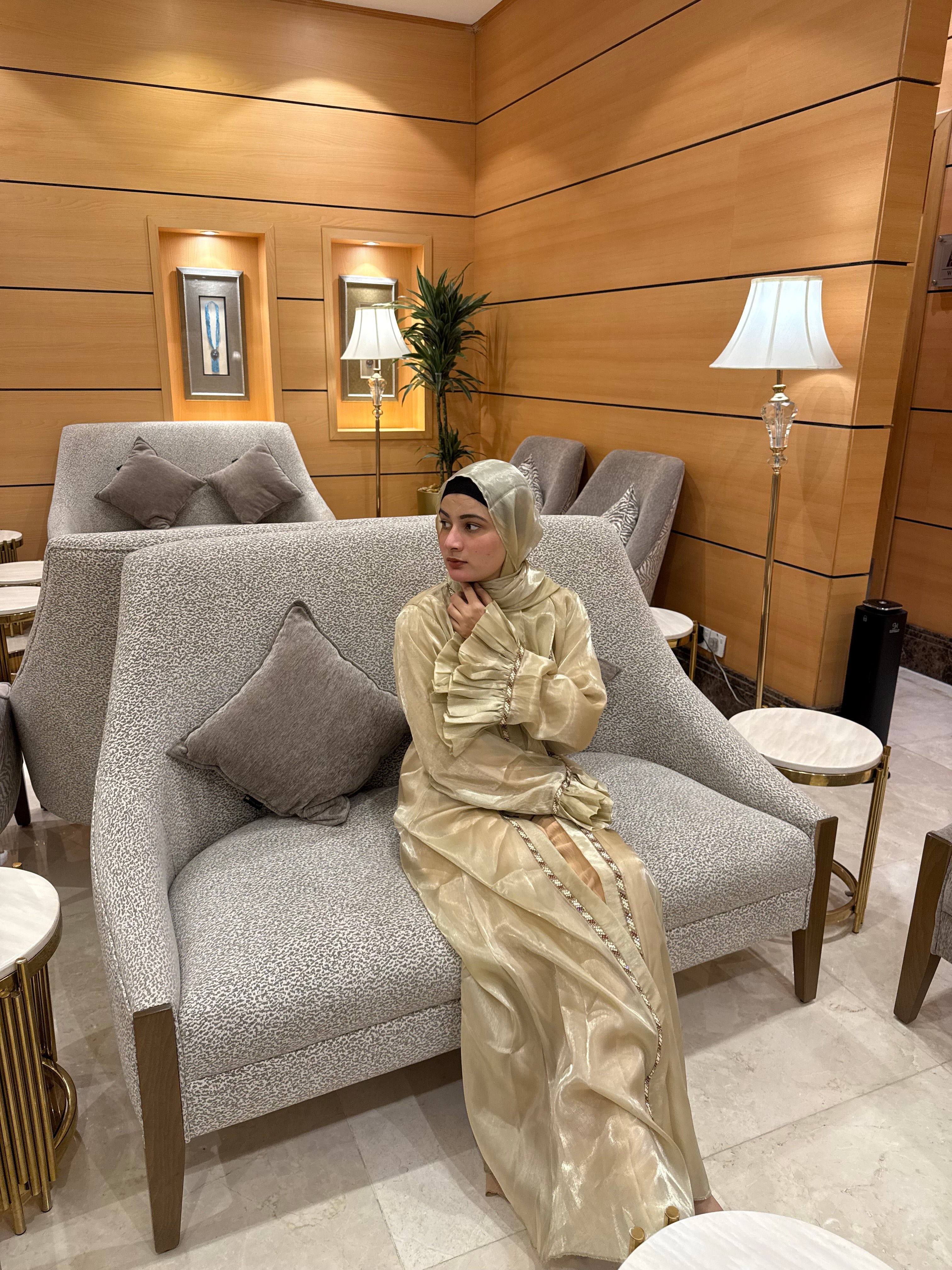 Beige metallic shrug set (with inner slit & Hijab)