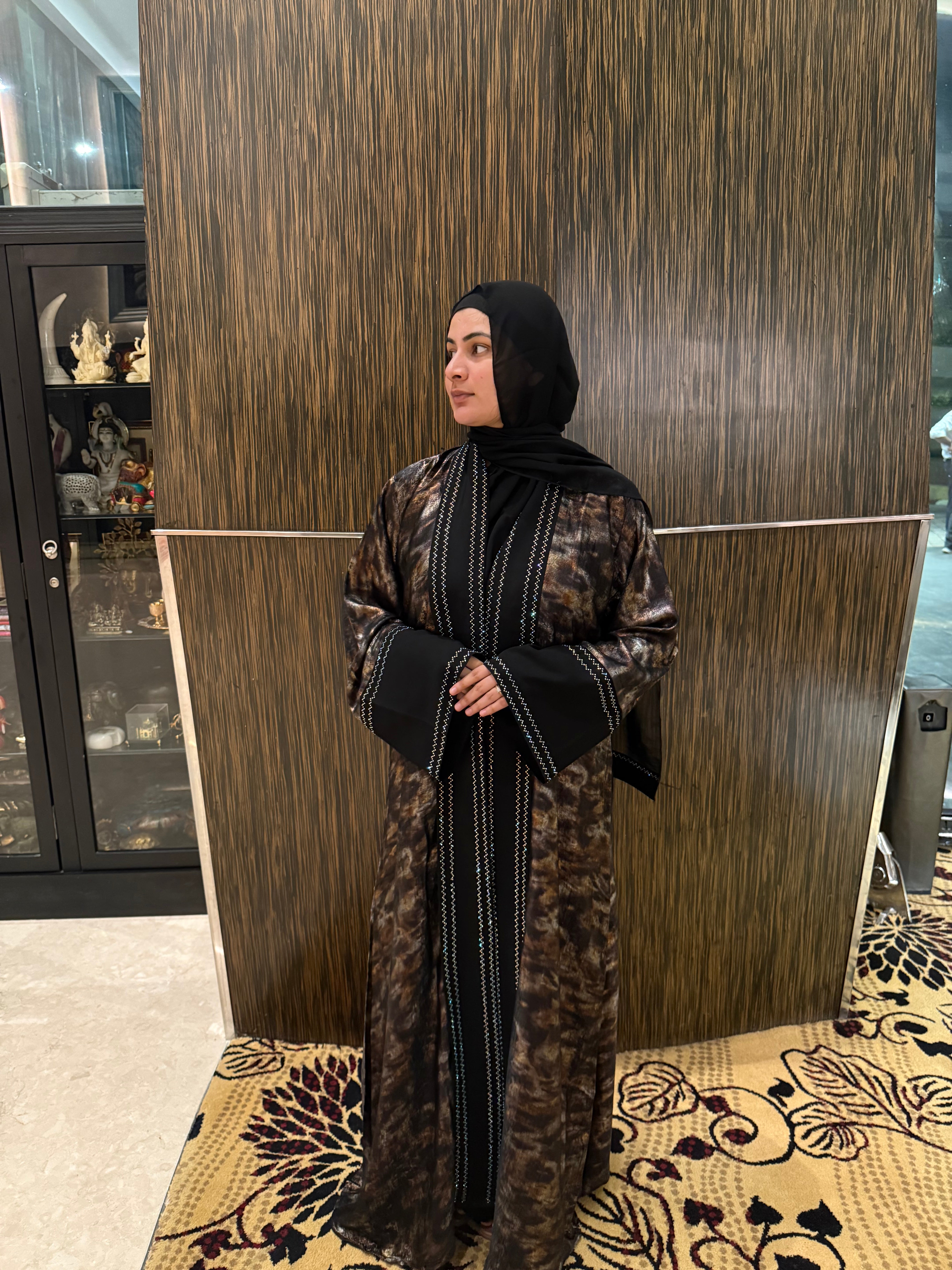 Shimmery dark Coco Abaya Premium Full Set -brown (with Inner Slit & Hijab)