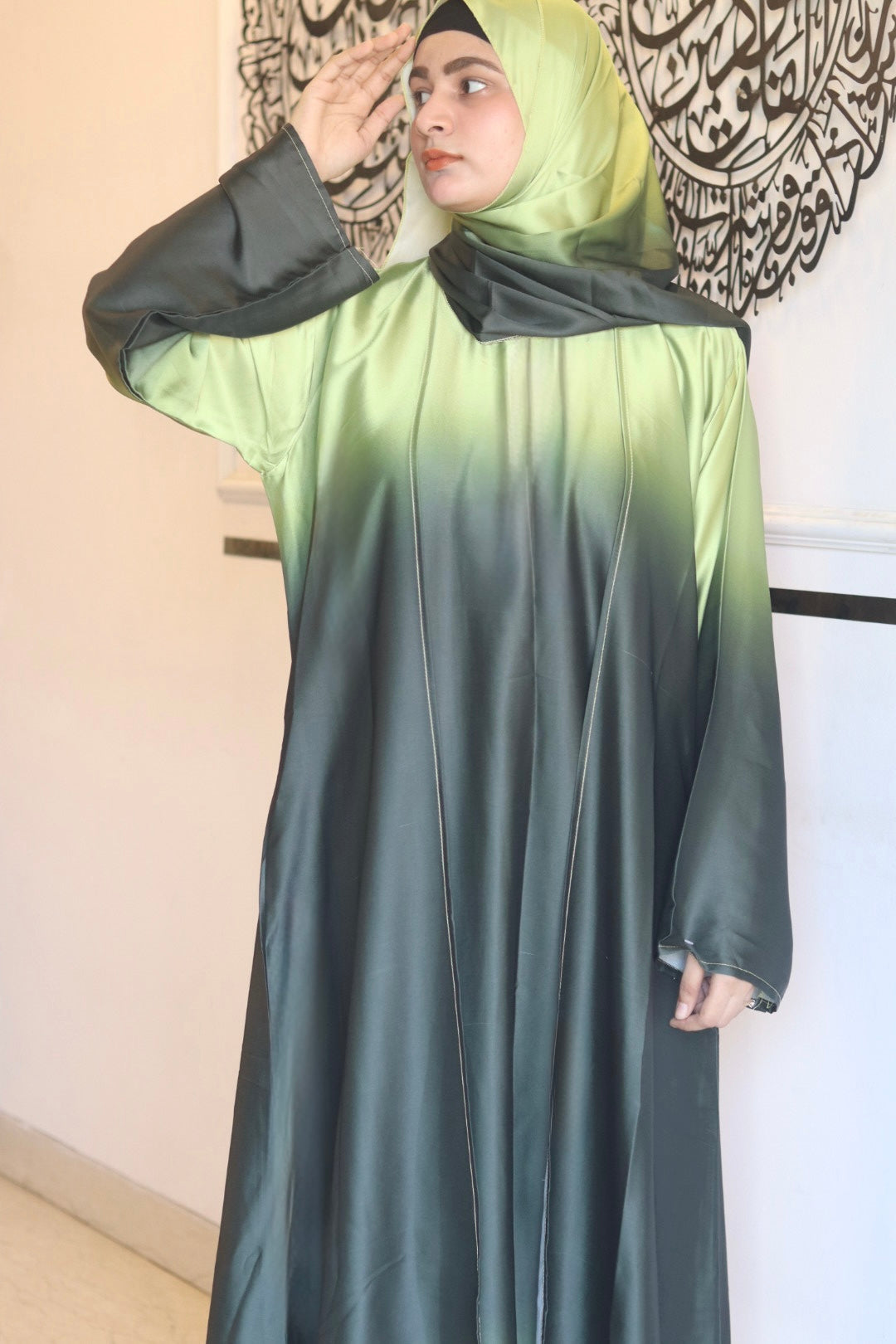 Jet green ombre abaya with matching hijab (with attached Inner Slit & Hijab)