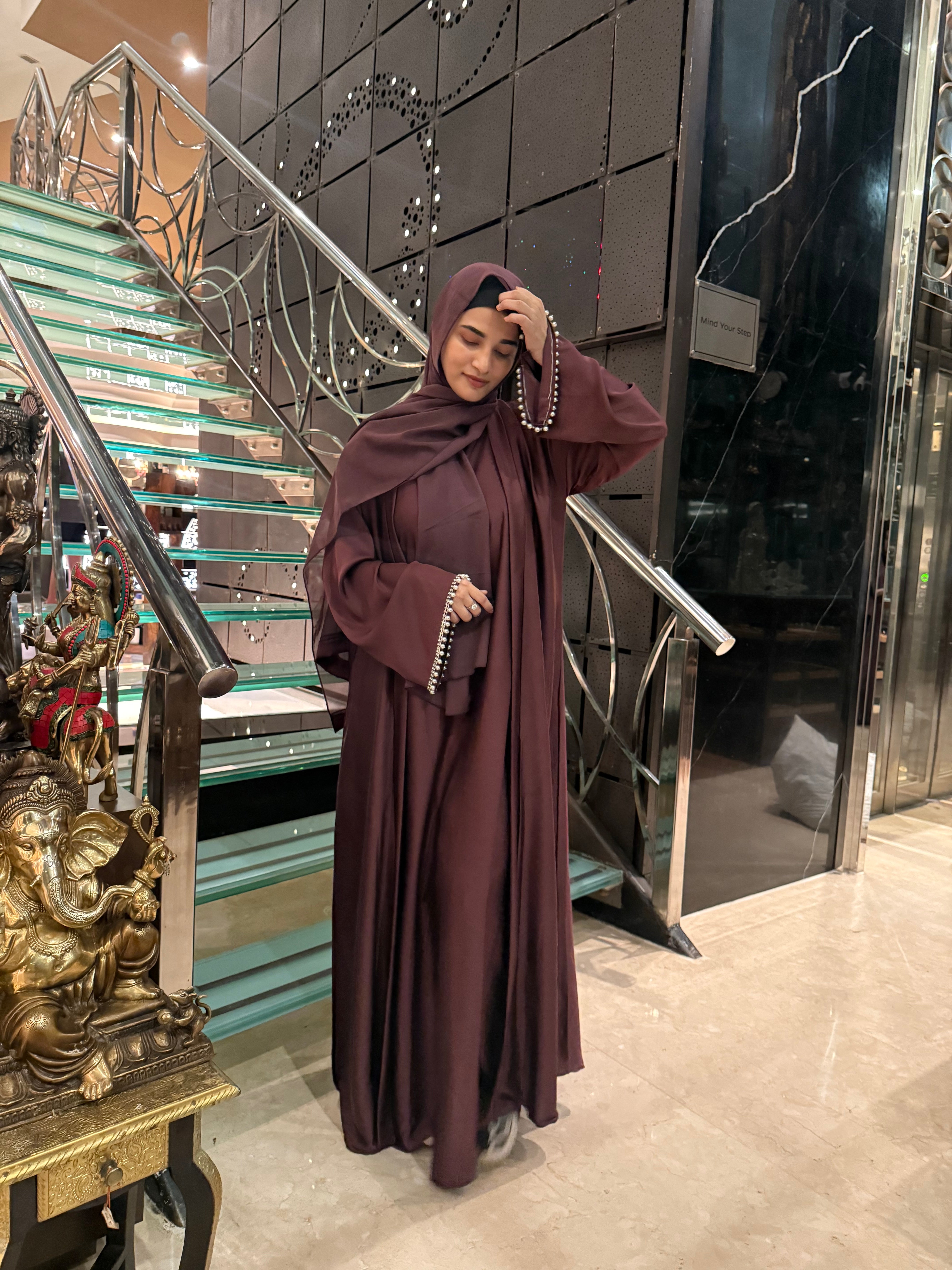 Satin pearl Premium abaya Full Set -burgundy (with Inner Slit & Hijab)