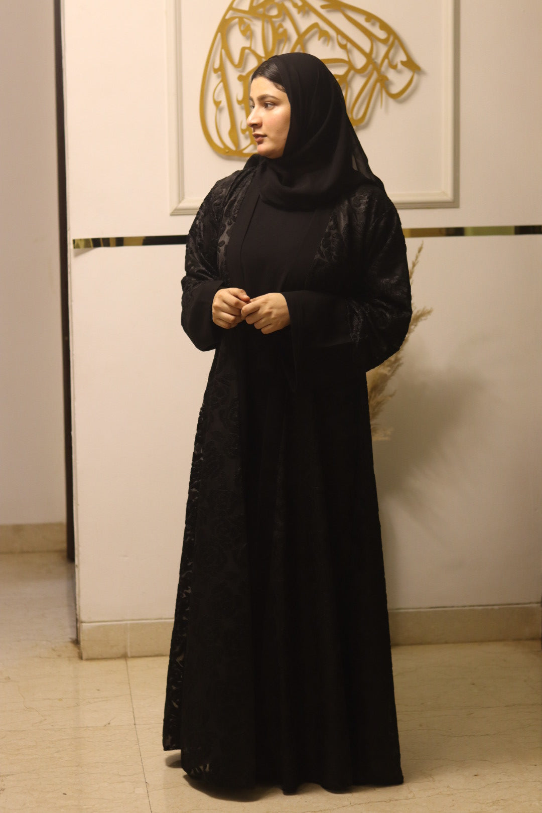 Black Net Abaya with inner slit & matching hijab- 3 pc set
