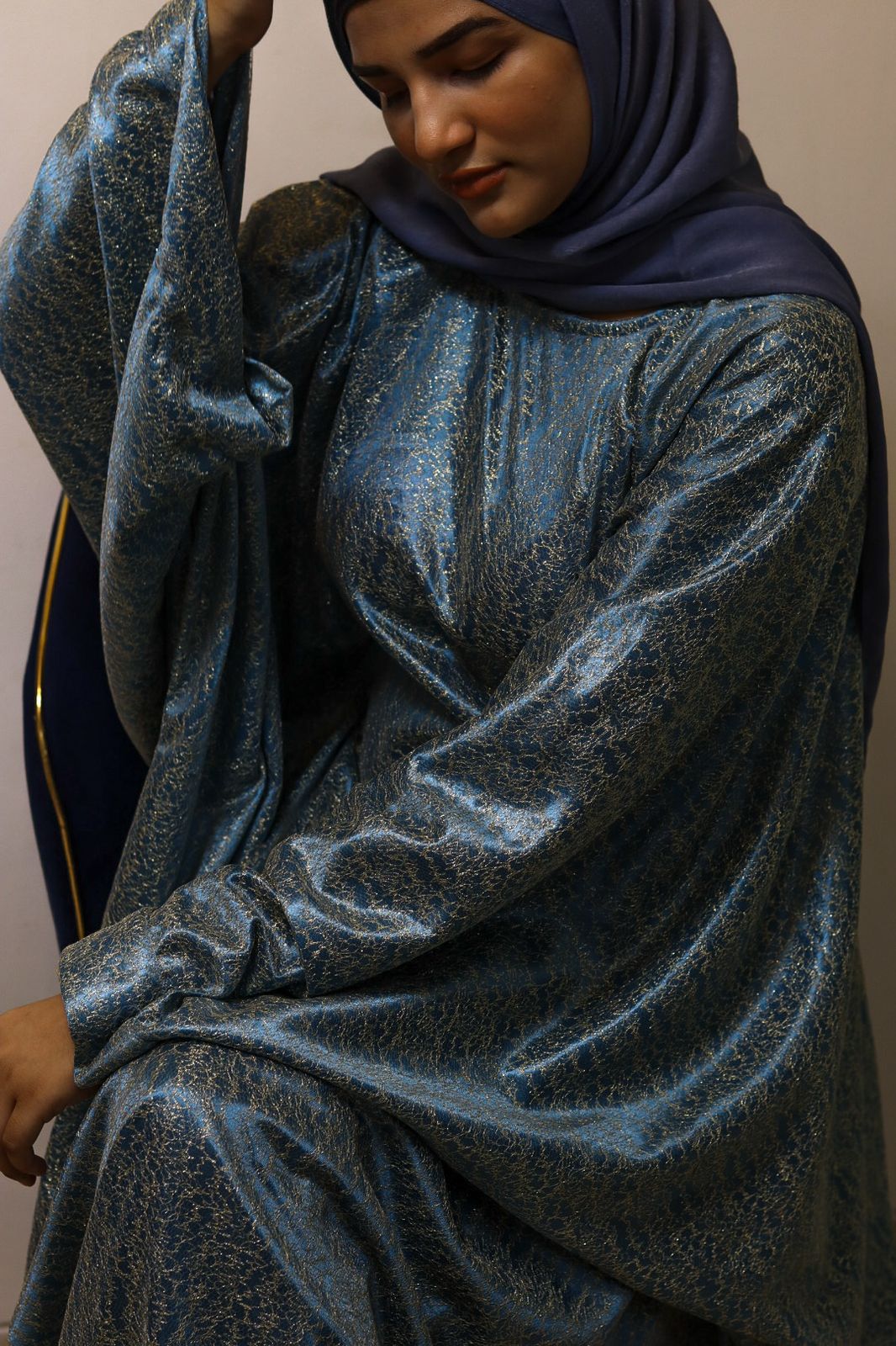 jasmine Abaya with Attached Inner Belt -Teal and gold (Hijab not included)