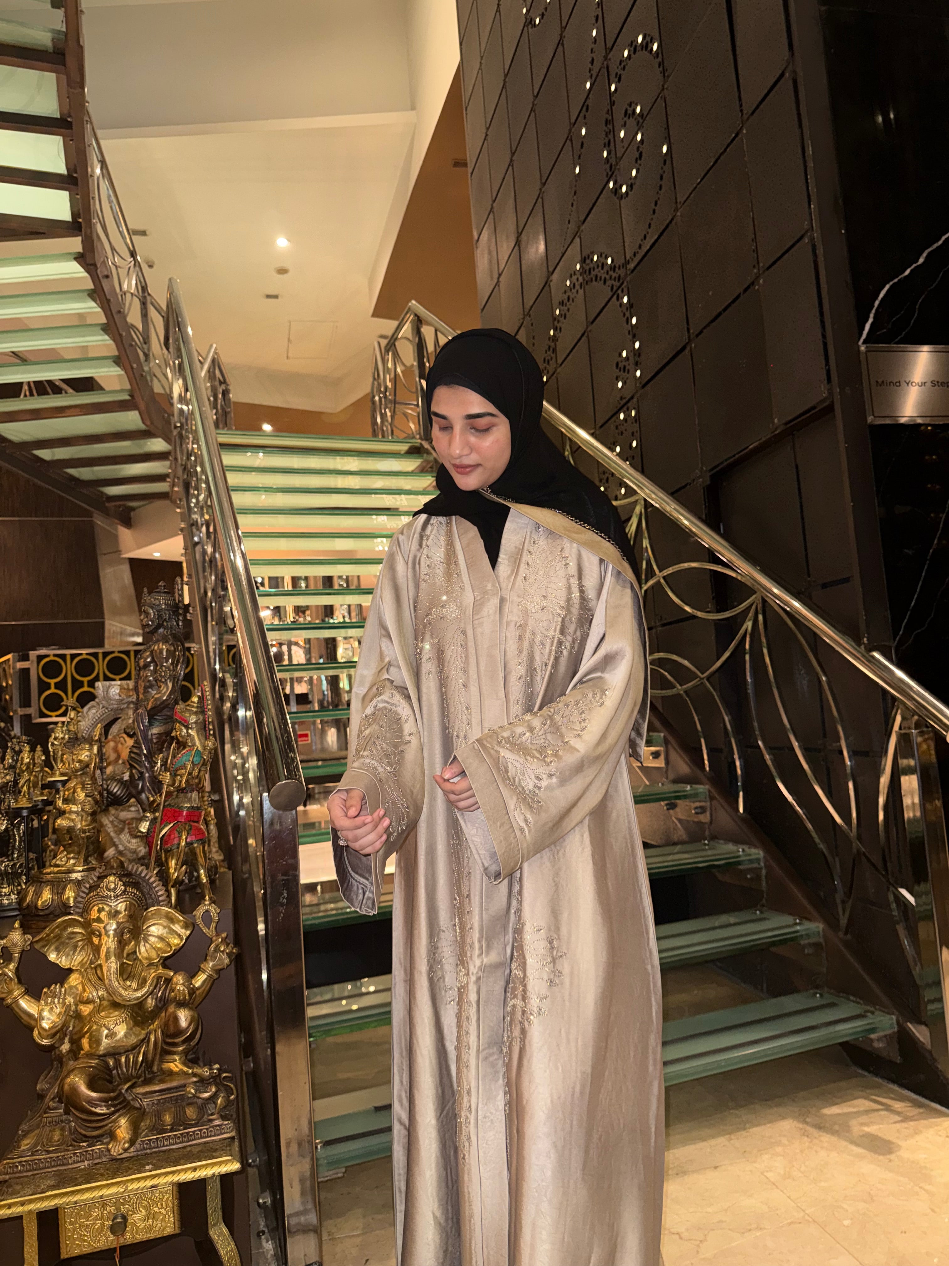 Luxe beige Rhinestone Abaya - (With hijab)