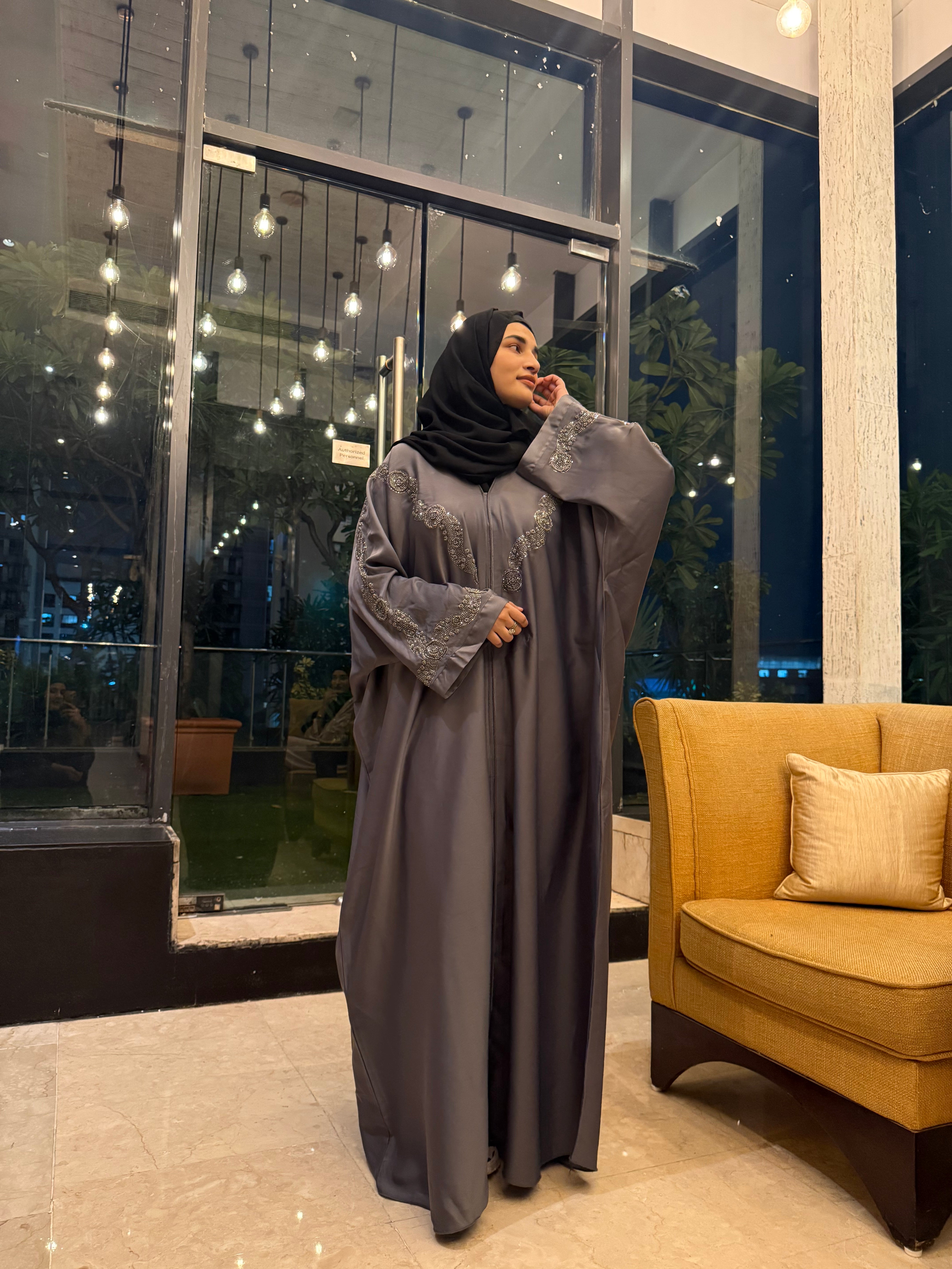Aliza Handwork abaya -grey (with Hijab)