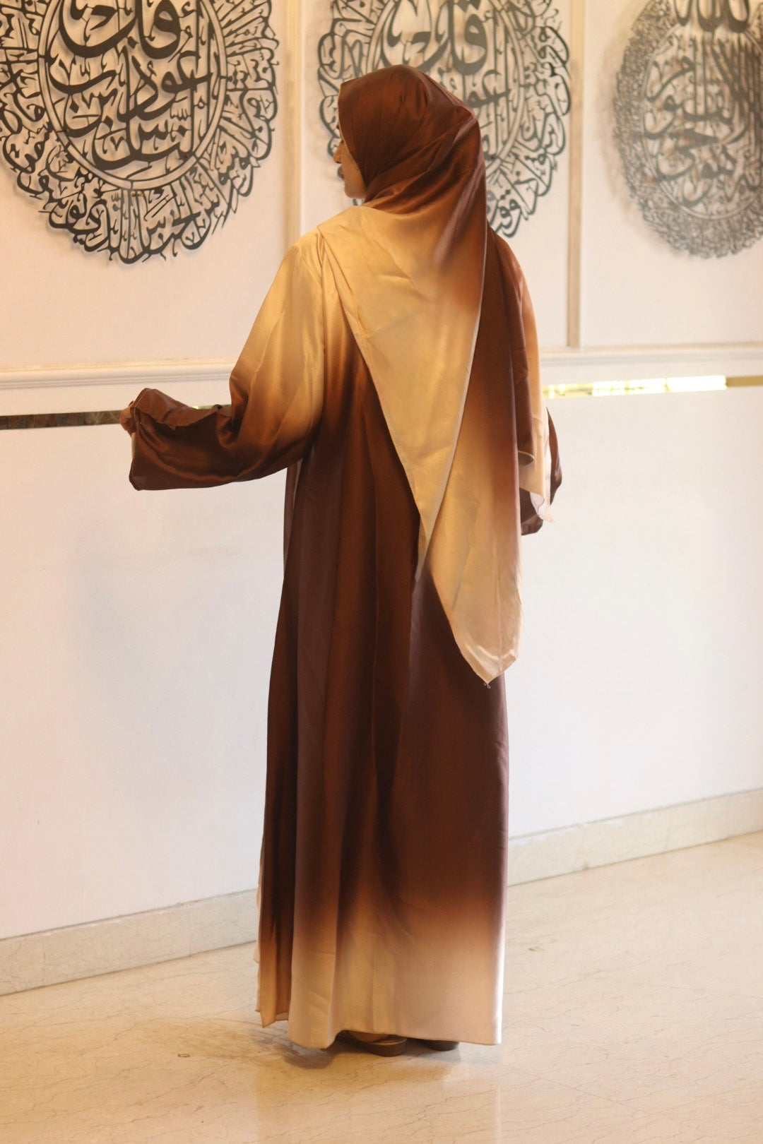 Brown ombre abaya with matching hijab (with attached Inner Slit & Hijab)