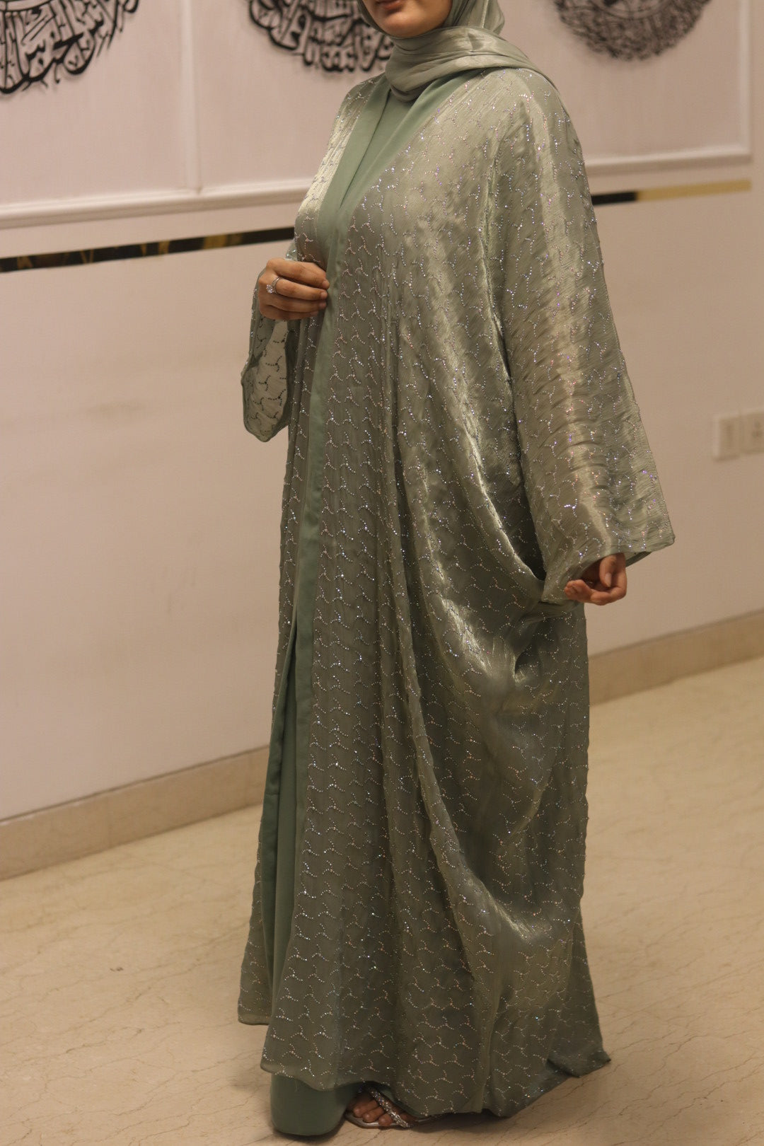 Pistachio tissue abaya set - with inner slit & matching organza hijab