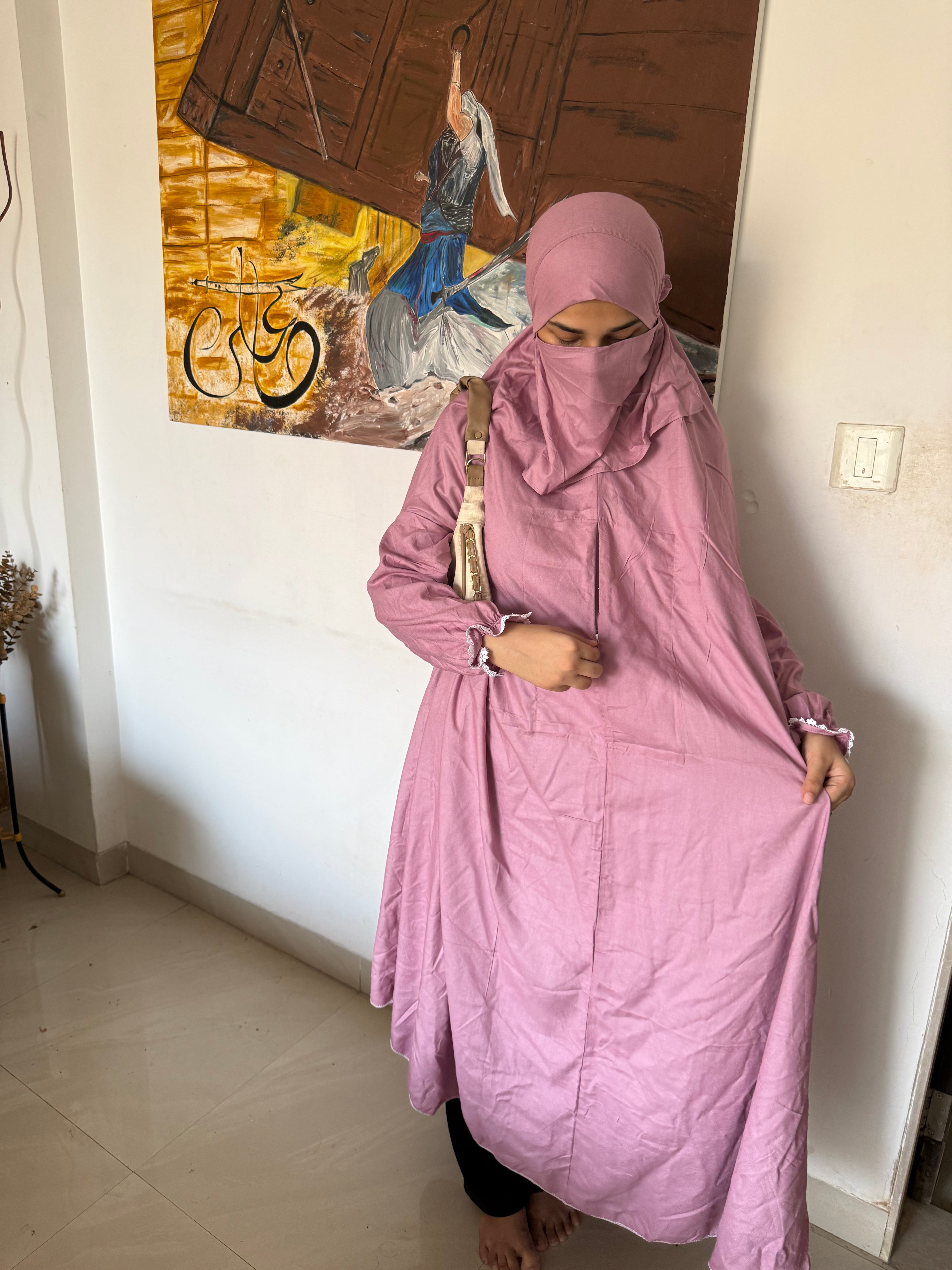 Full sized Jilbab with pockets, niqab, sleeves ( pink )