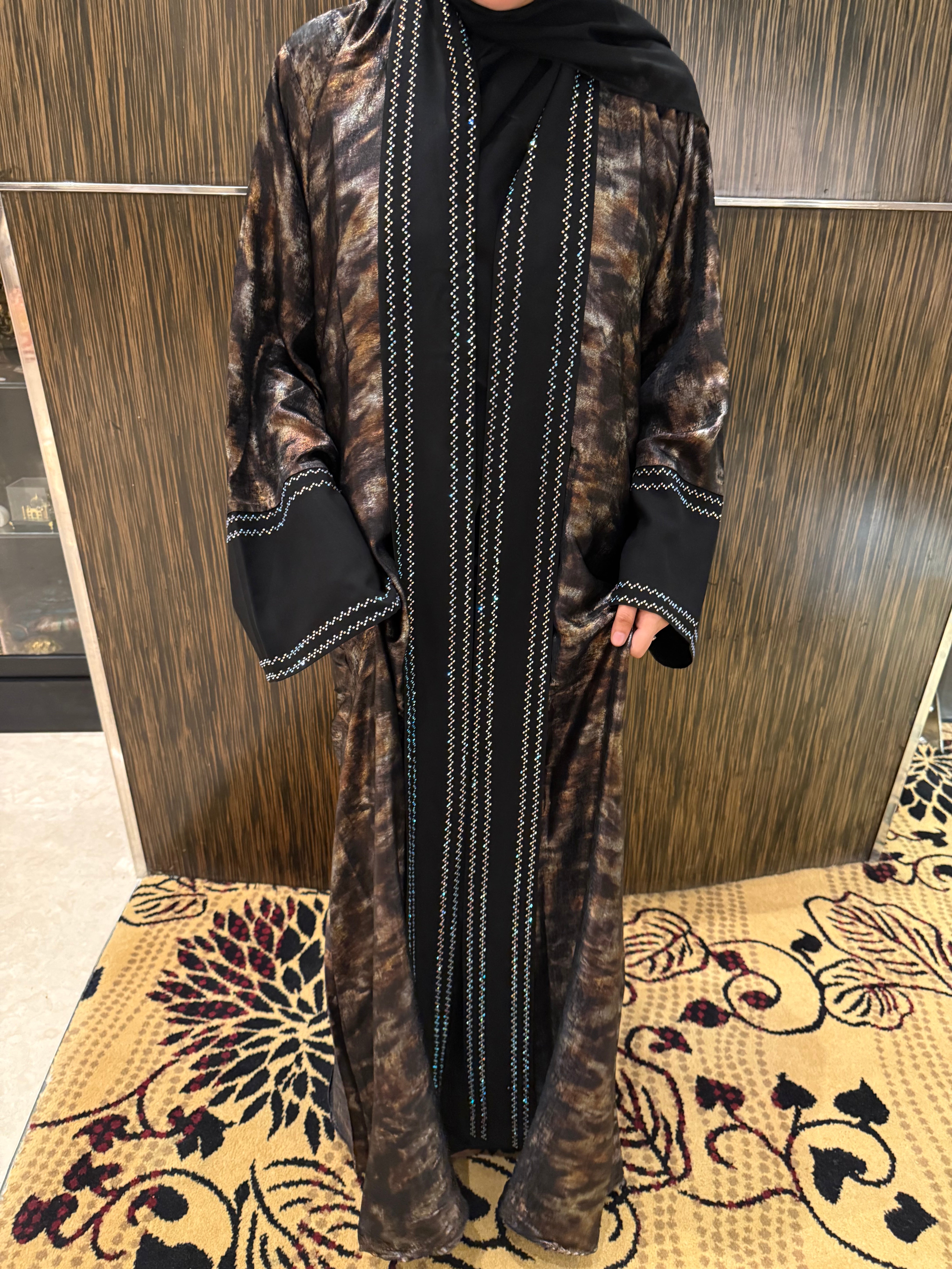 Shimmery dark Coco Abaya Premium Full Set -brown (with Inner Slit & Hijab)