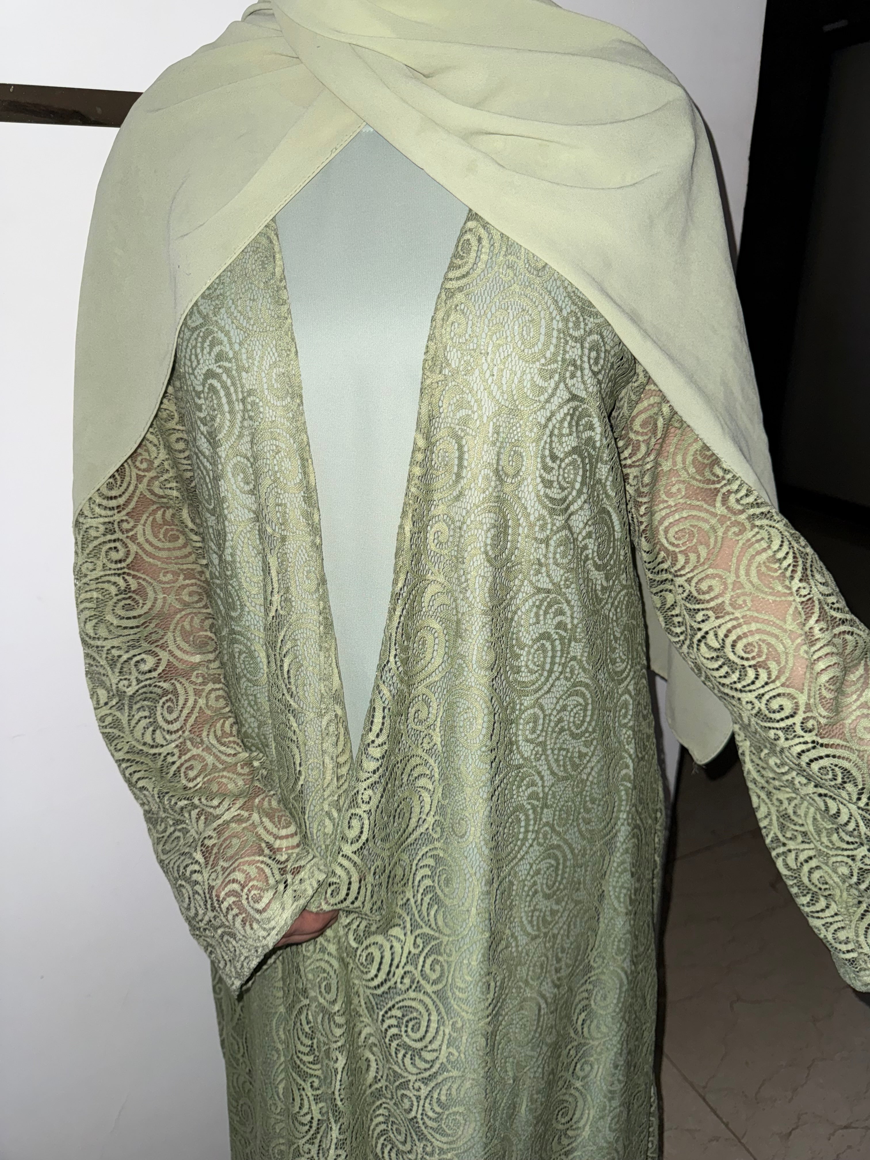 Luxury Sage Green shrug, Modest Evening Cardigan, Inner slit and hijab not included
