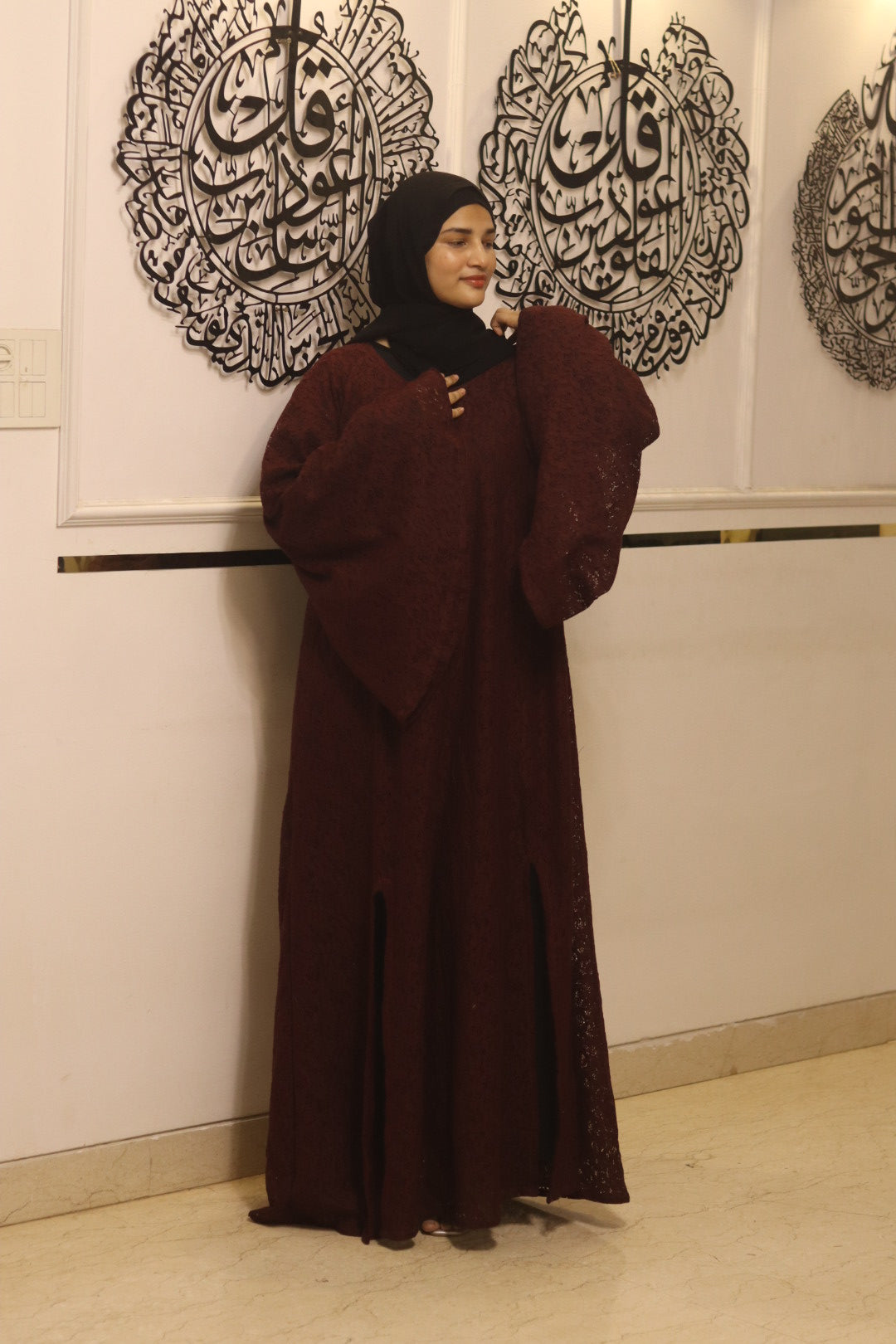Maroon cutwork abaya with inner slit & hijab