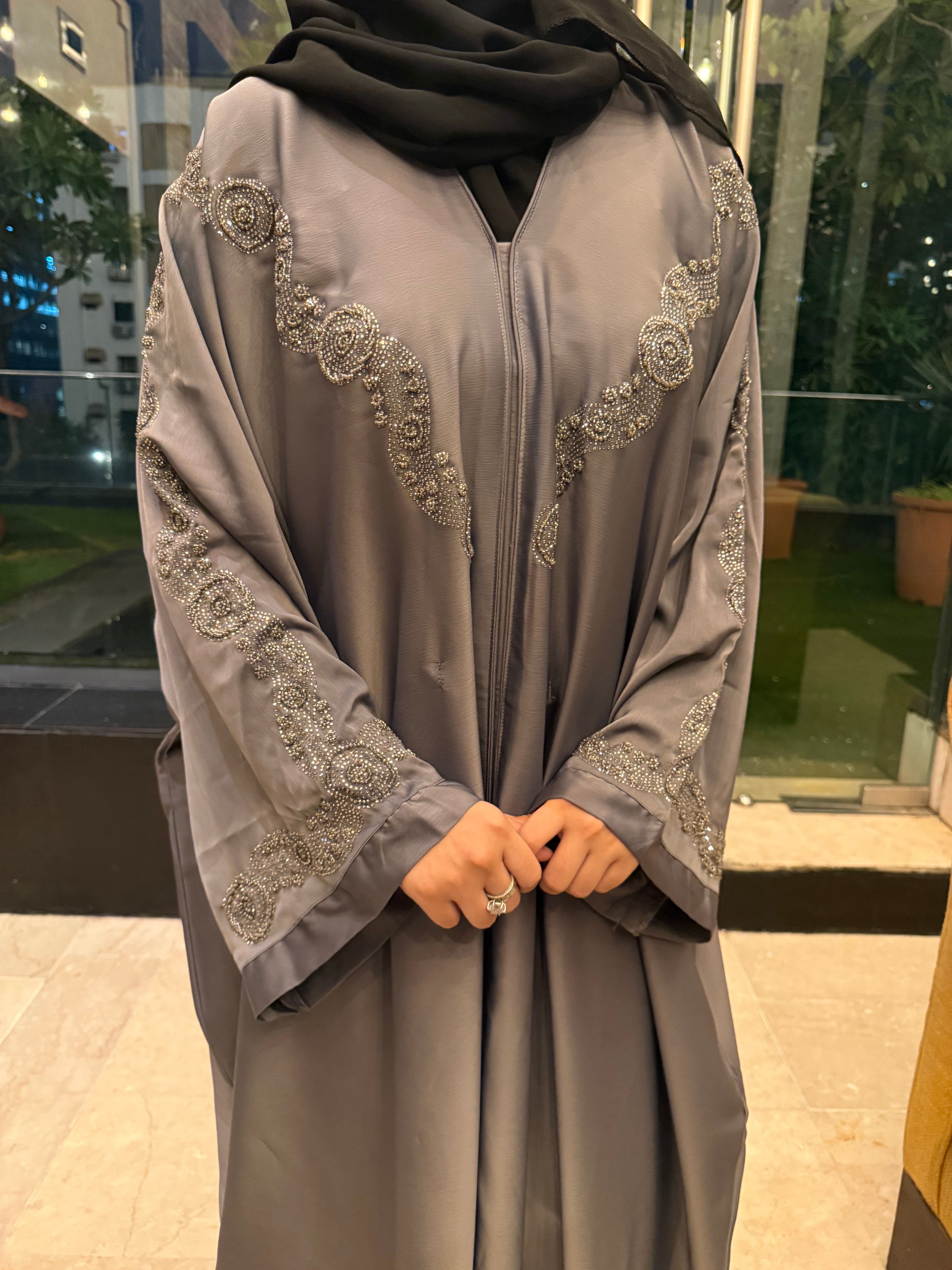 Aliza Handwork abaya -grey (with Hijab)