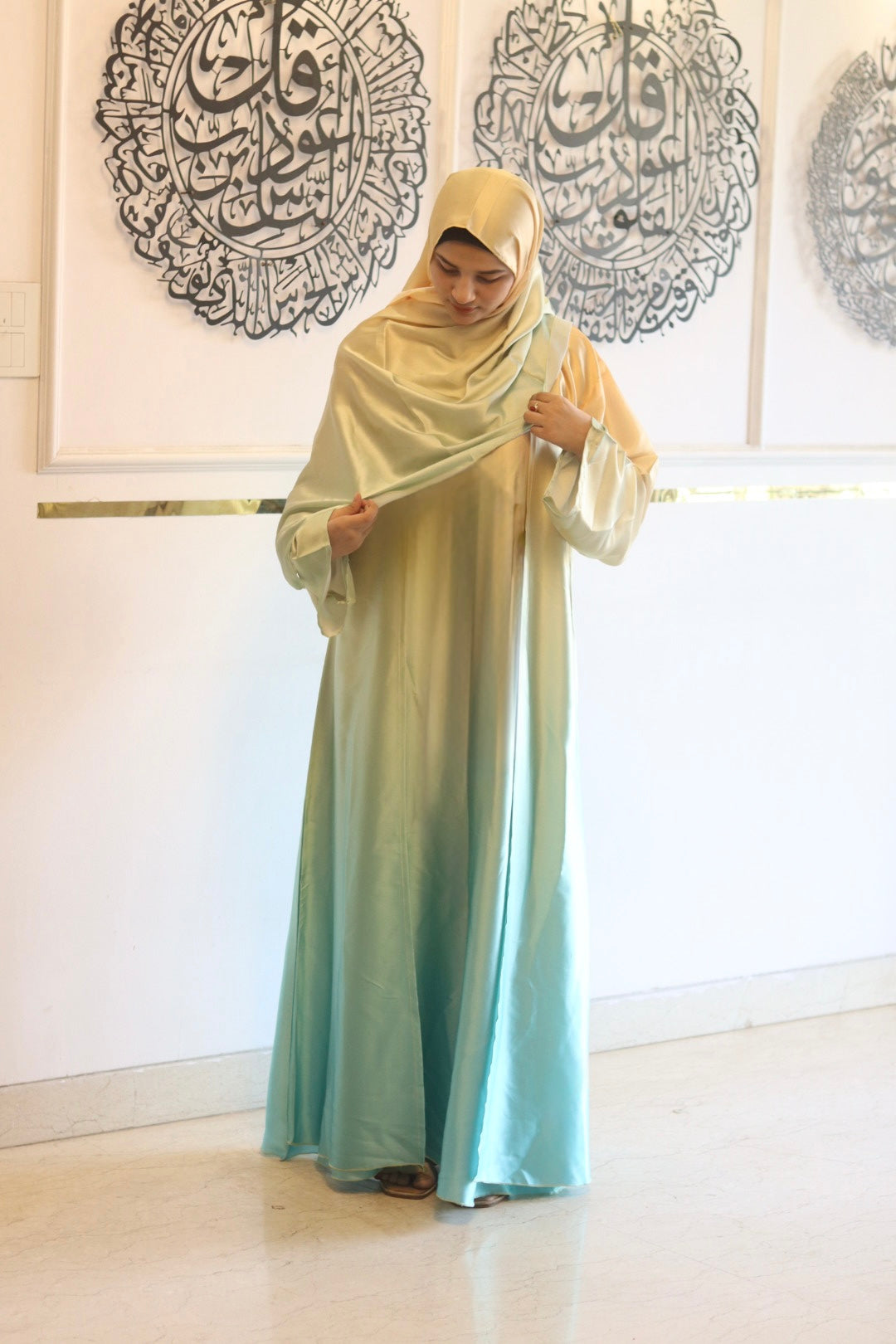 Lime & turquoise ombre abaya with matching hijab (with attached Inner Slit & Hijab)