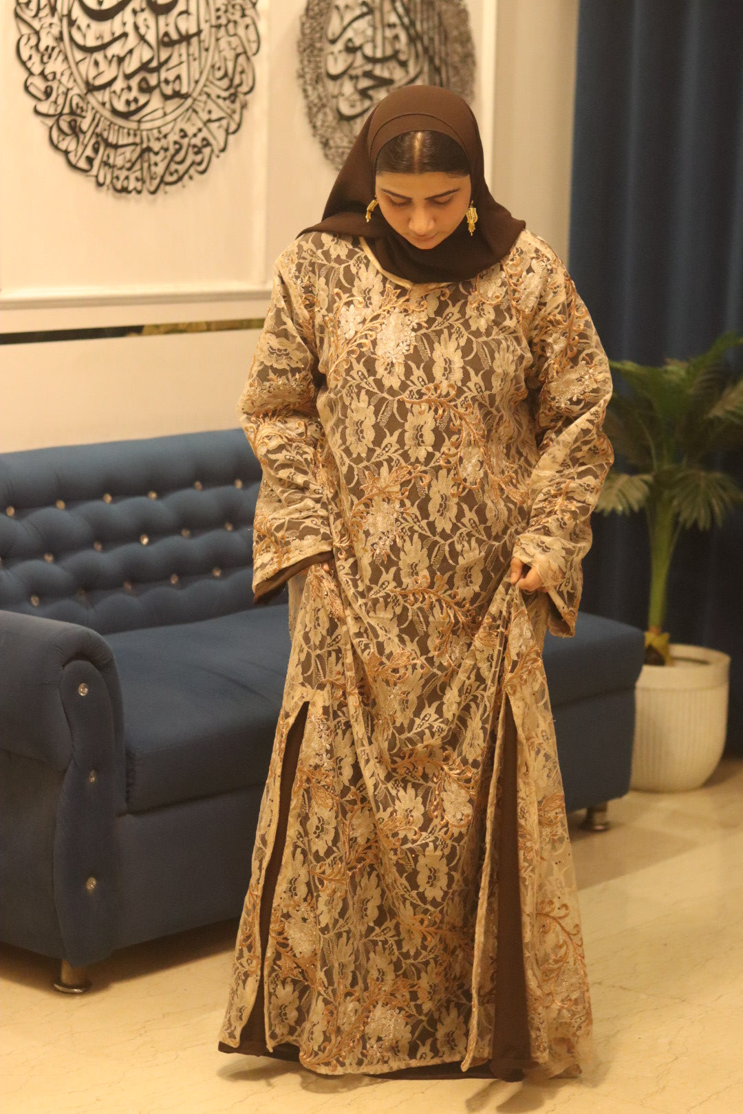 Net noir abaya- beige (with inner slit & hijab)