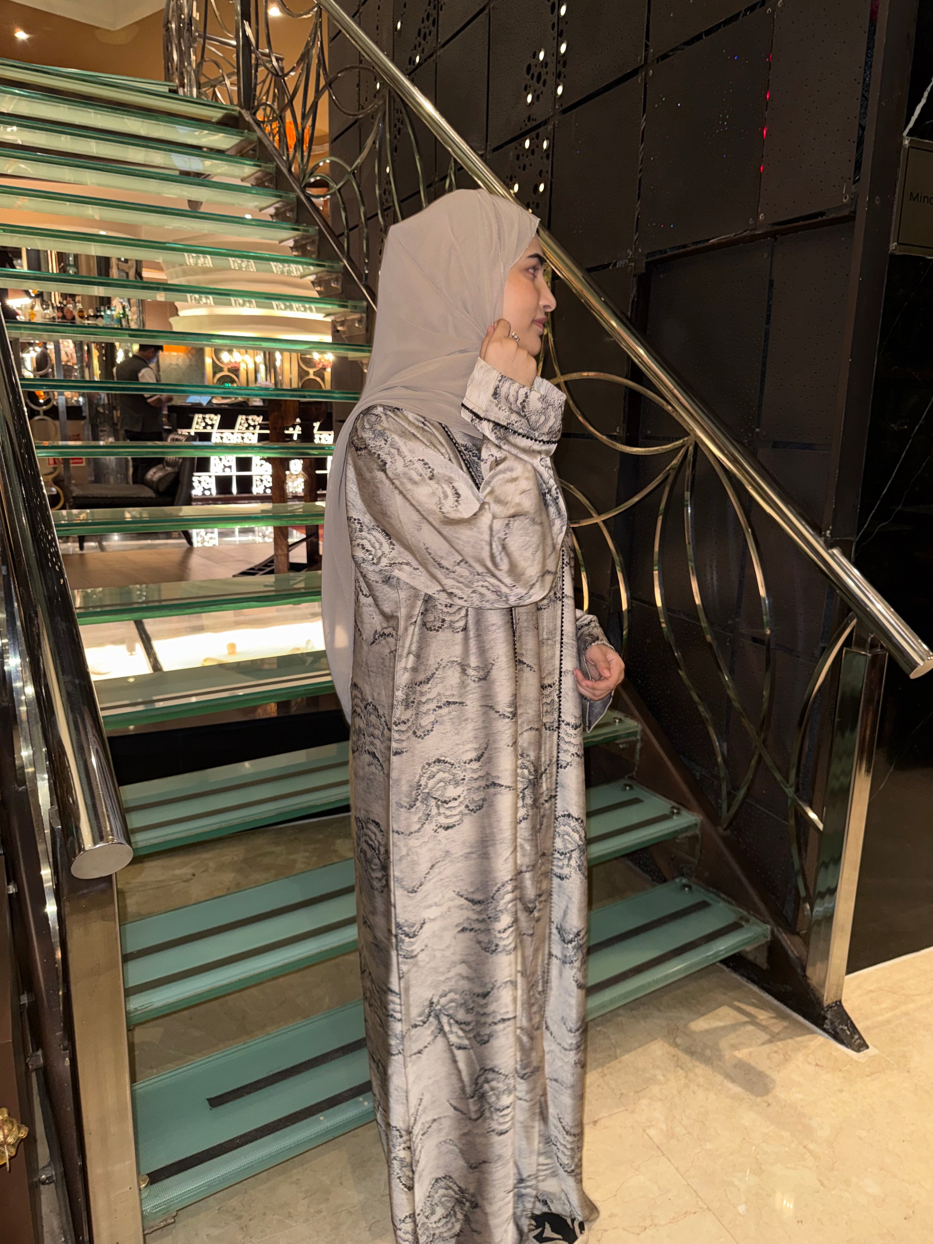 Beige Korean print Abaya - (hijab included)