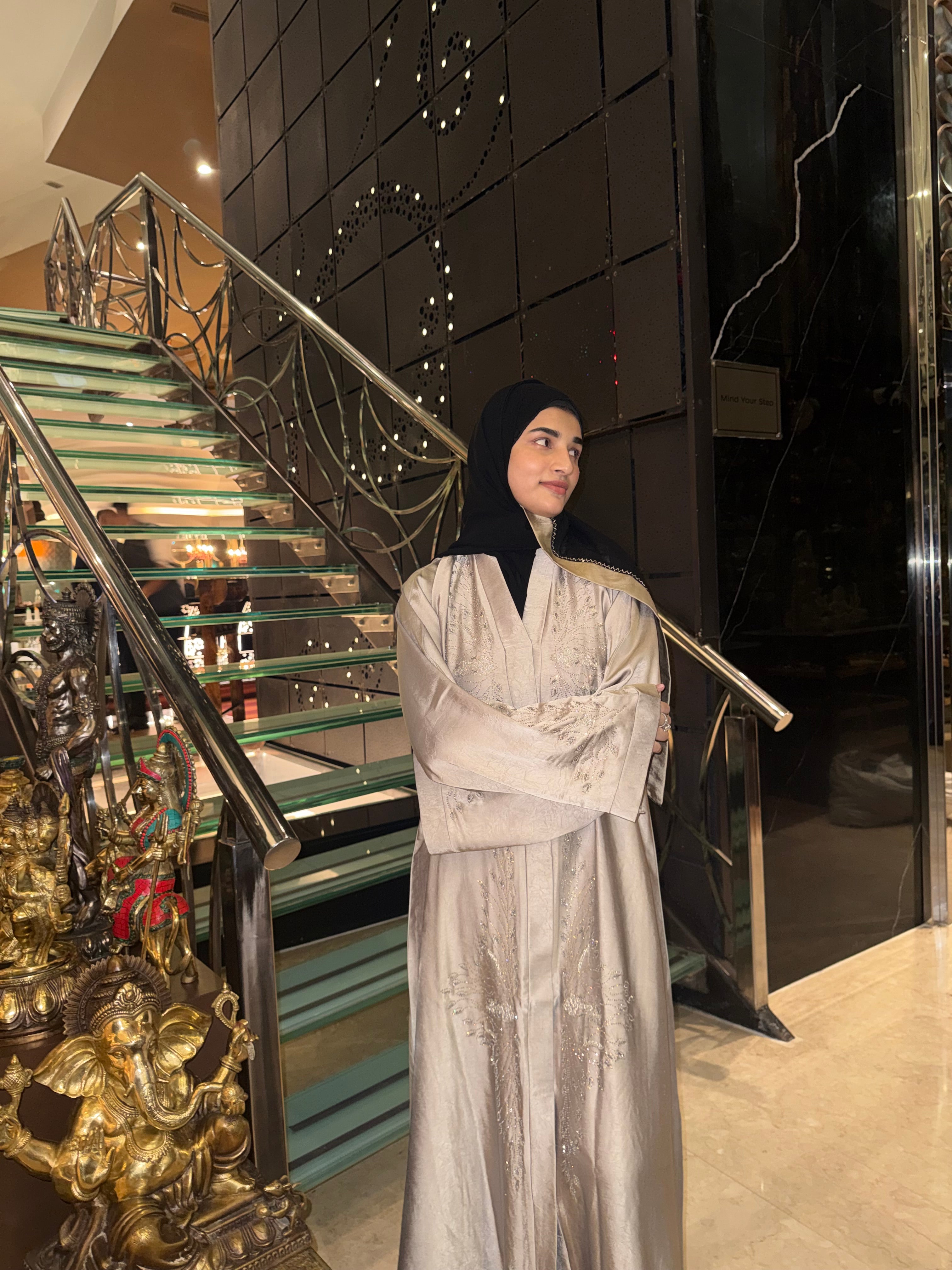 Luxe beige Rhinestone Abaya - (With hijab)