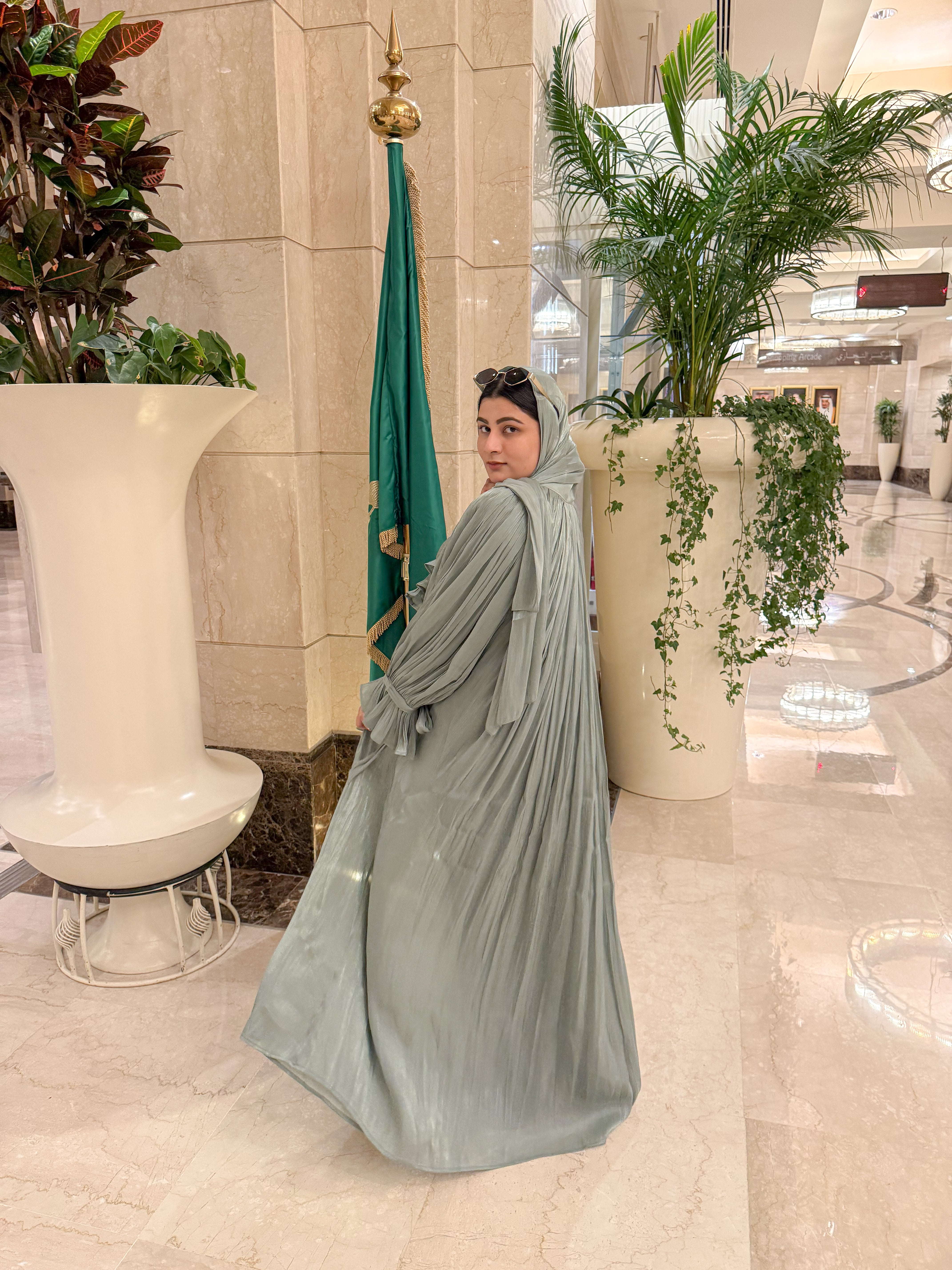 Elsa Abaya Premium Full Set -mint (with Full Sleeves Inner Slit & Hijab)