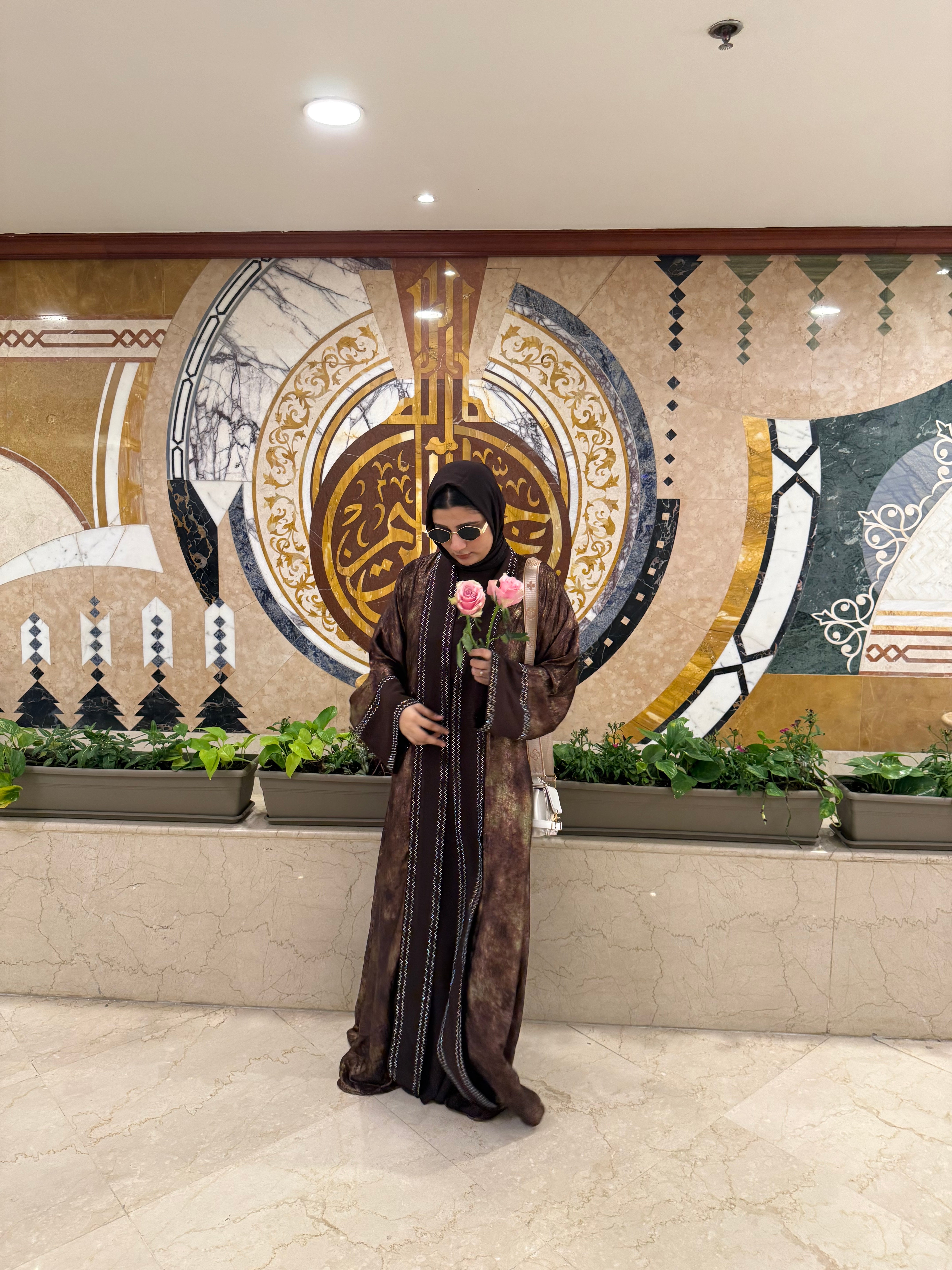 Shimmery Coco Abaya Premium Full Set -brown (with Inner Slit & Hijab)