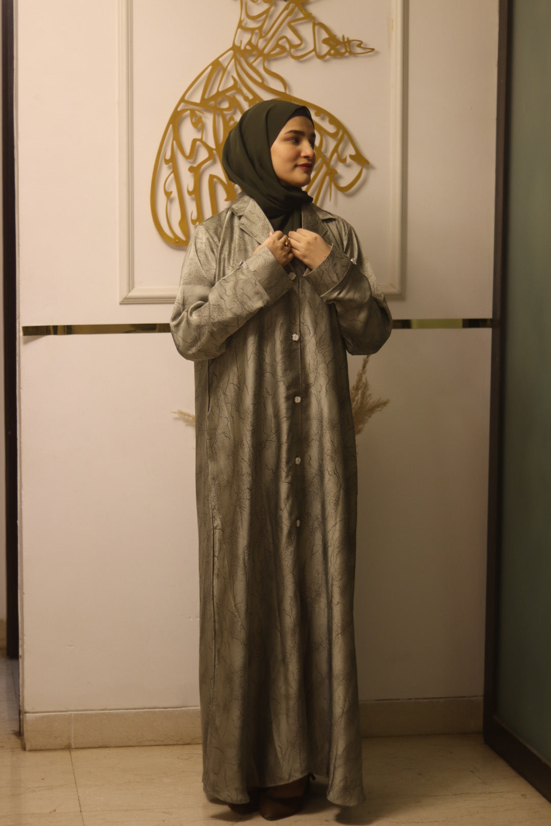 Printed Olive Coat Abaya -olive green (hijab included)