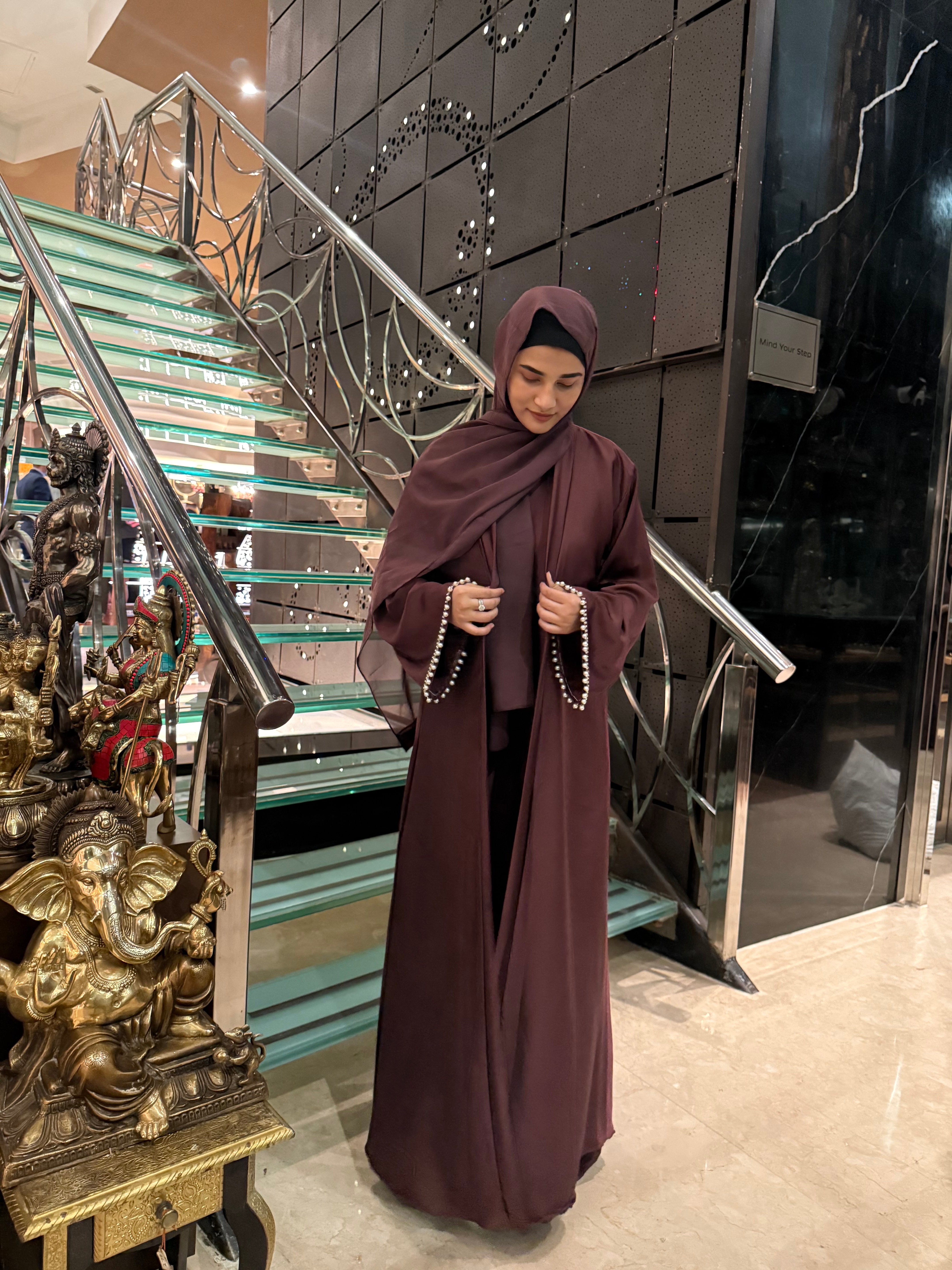 Satin pearl Premium abaya Full Set -burgundy (with Inner Slit & Hijab)