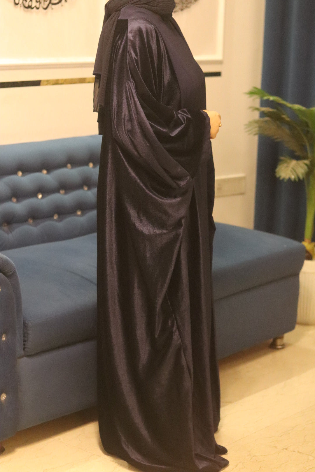 Velvet shrug Abaya Premium -Blue (with Inner Slit)