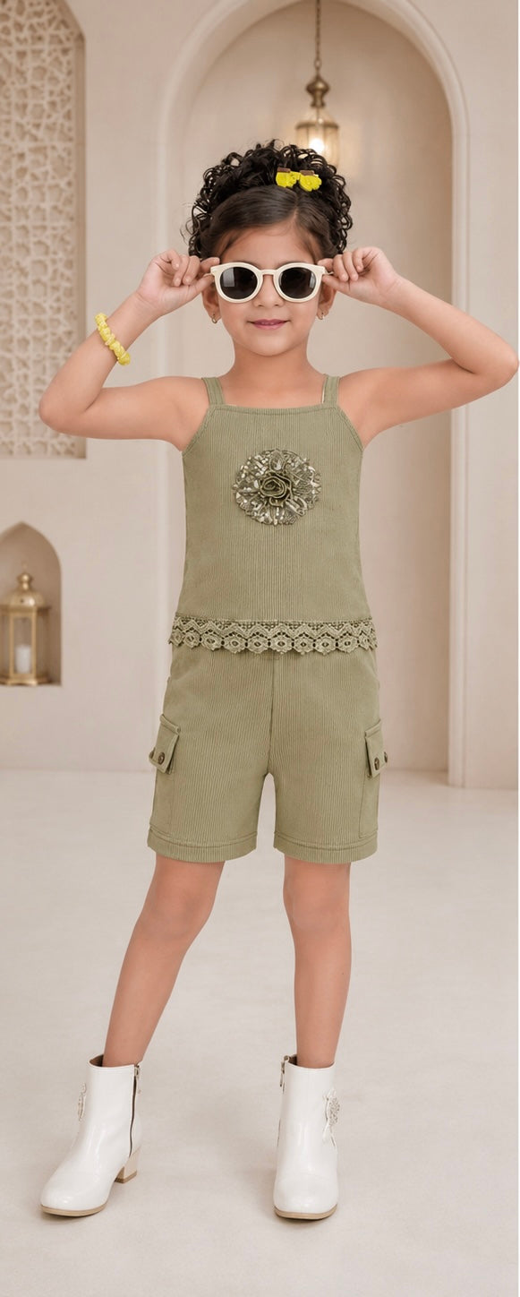 Olive Floral Top and Cargo Shorts Set- kids (5-15 years)
