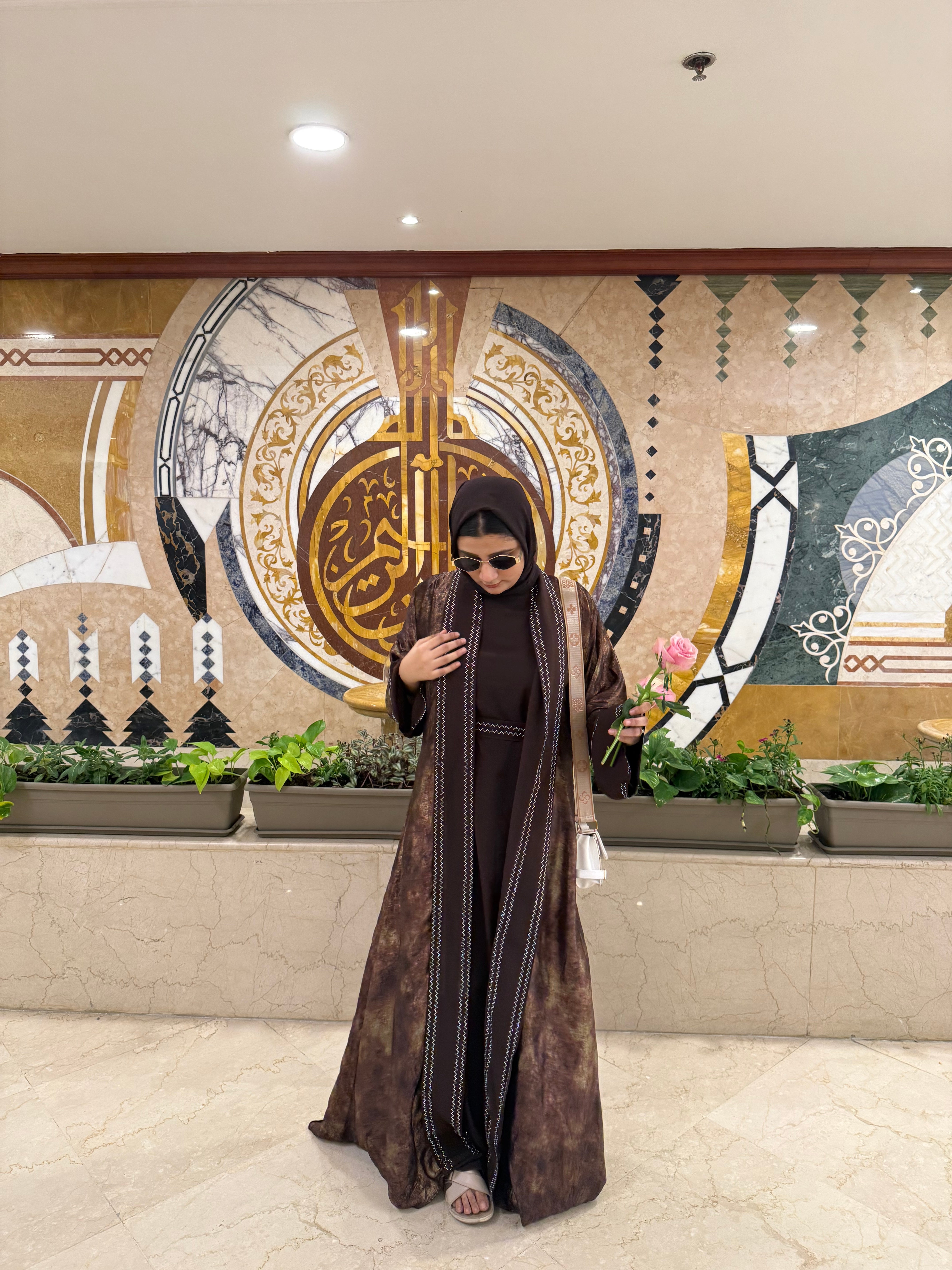 Shimmery Coco Abaya Premium Full Set -brown (with Inner Slit & Hijab)