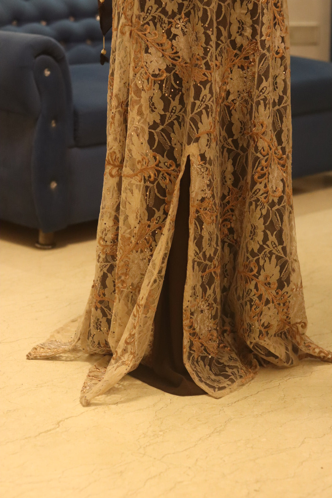 Net noir abaya- beige (with inner slit & hijab)