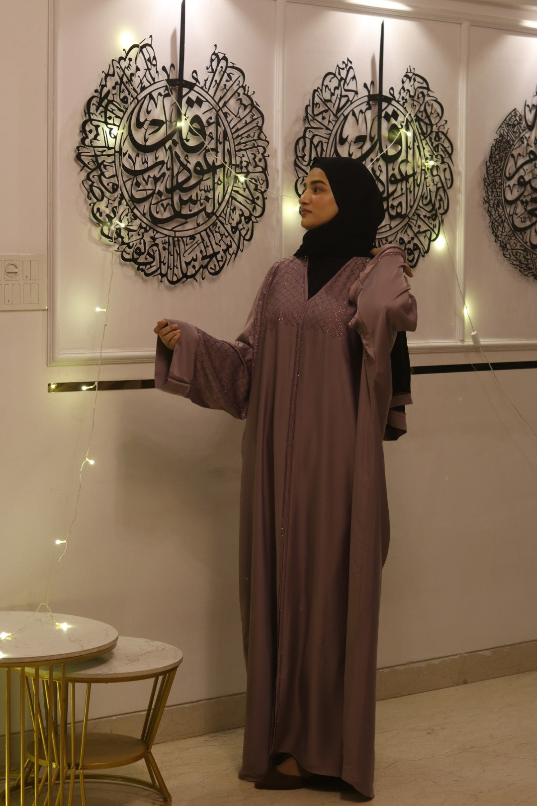 Mauve stonework abaya with hijab