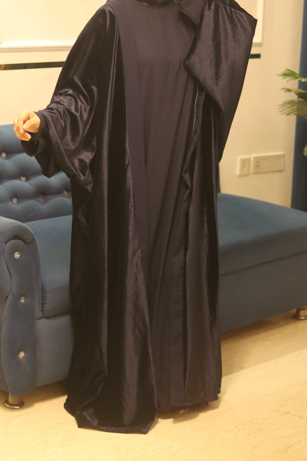 Velvet shrug Abaya Premium -Blue (with Inner Slit)