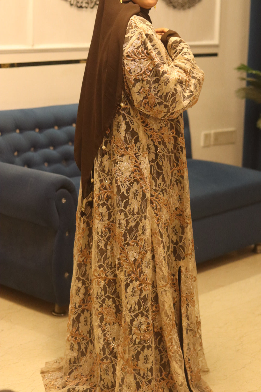 Net noir abaya- beige (with inner slit & hijab)