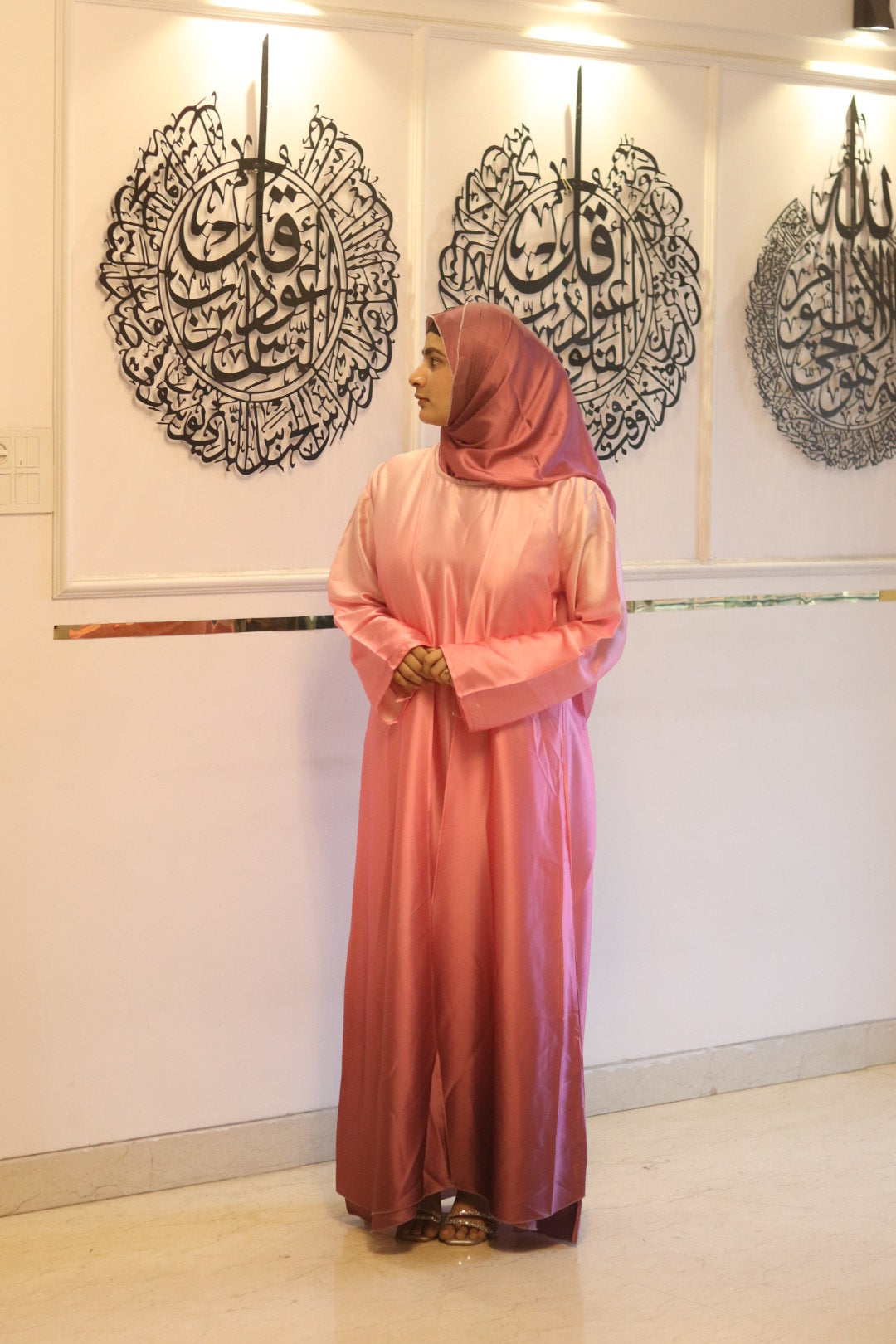 Pink Ombre Abaya with matching hijab (with attached Inner Slit & Hijab)