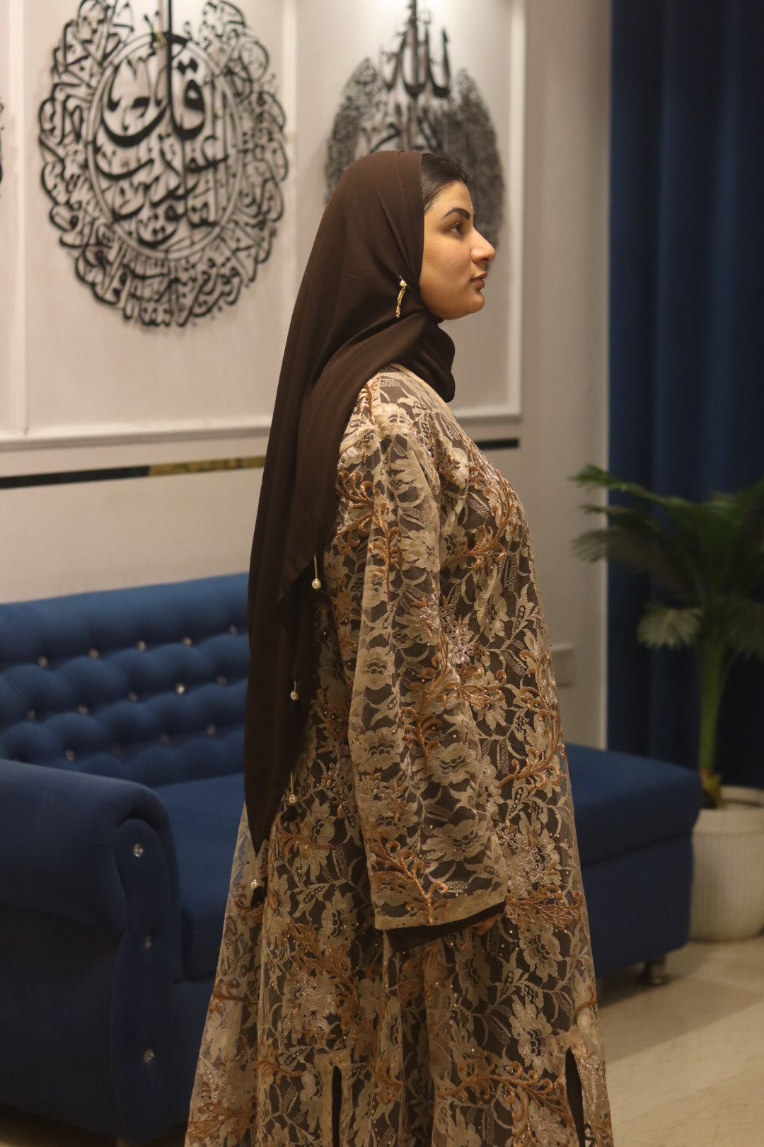 Net noir abaya- beige (with inner slit & hijab)