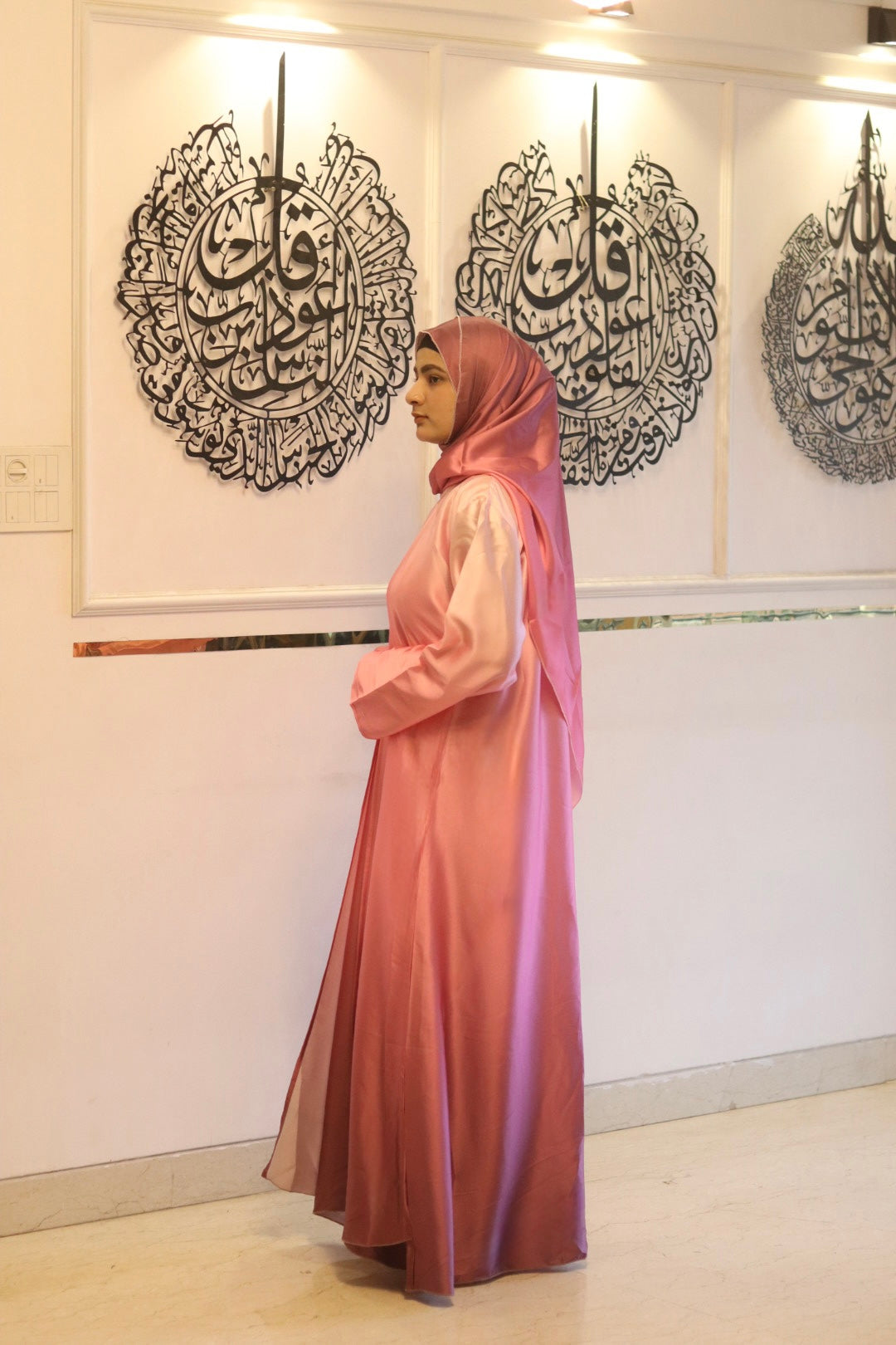 Pink Ombre Abaya with matching hijab (with attached Inner Slit & Hijab)